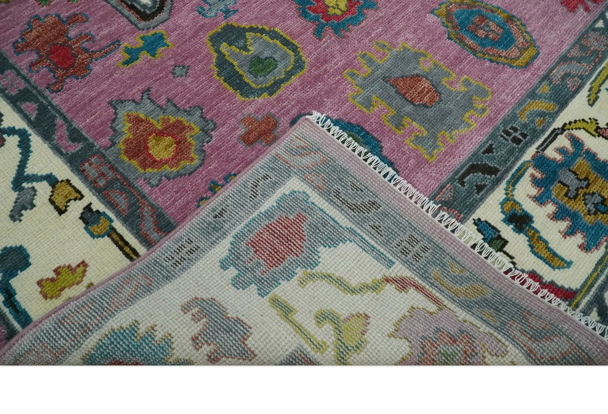 Custom Made Purple and Ivory Vibrant Colorful Hand knotted Traditional Oushak wool Area Rug - Image 7