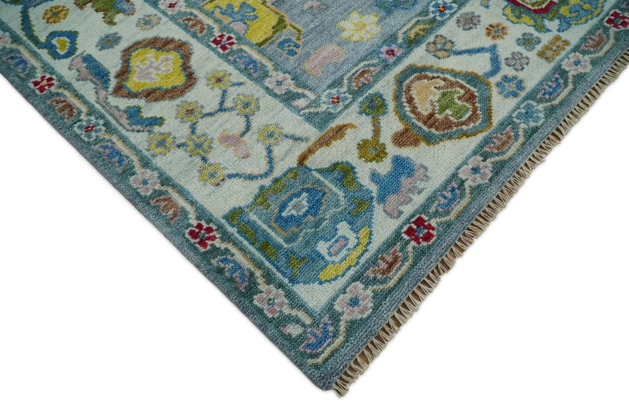 Traditional Blue and Ivory Vibrant Colorful Hand knotted Oushak Multi Size wool Area Rug - Image 10