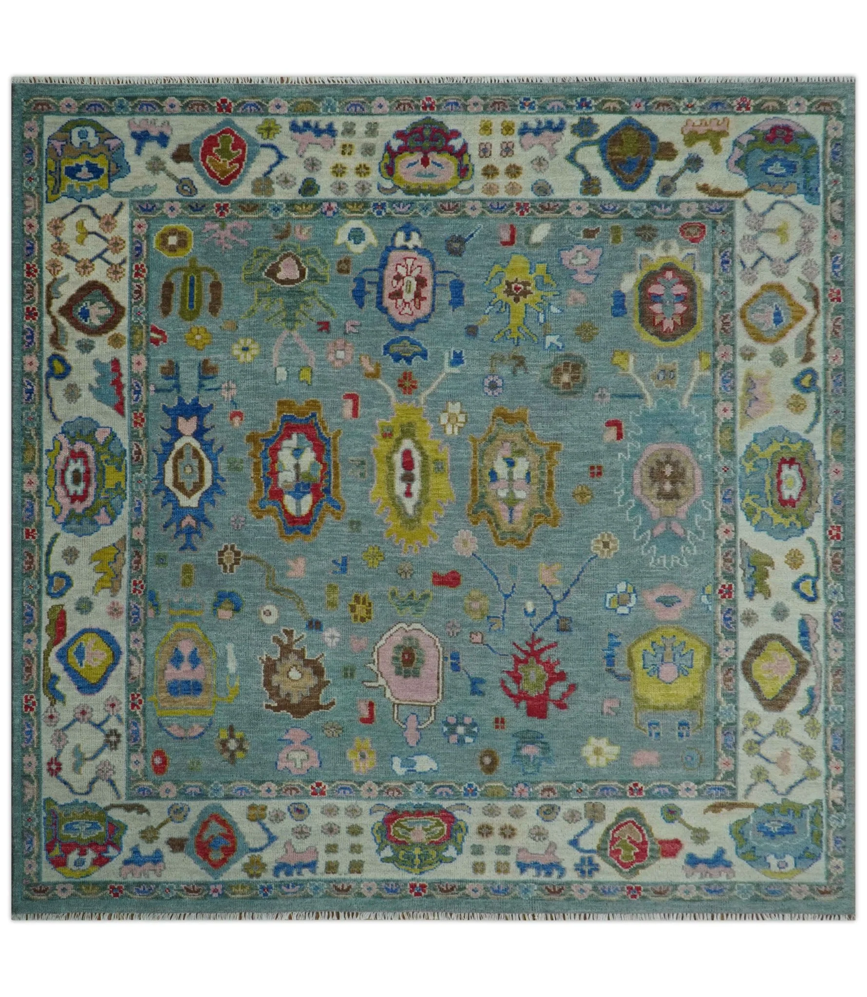 Traditional Blue and Ivory Vibrant Colorful Hand knotted Oushak Multi Size wool Area Rug - Image 11