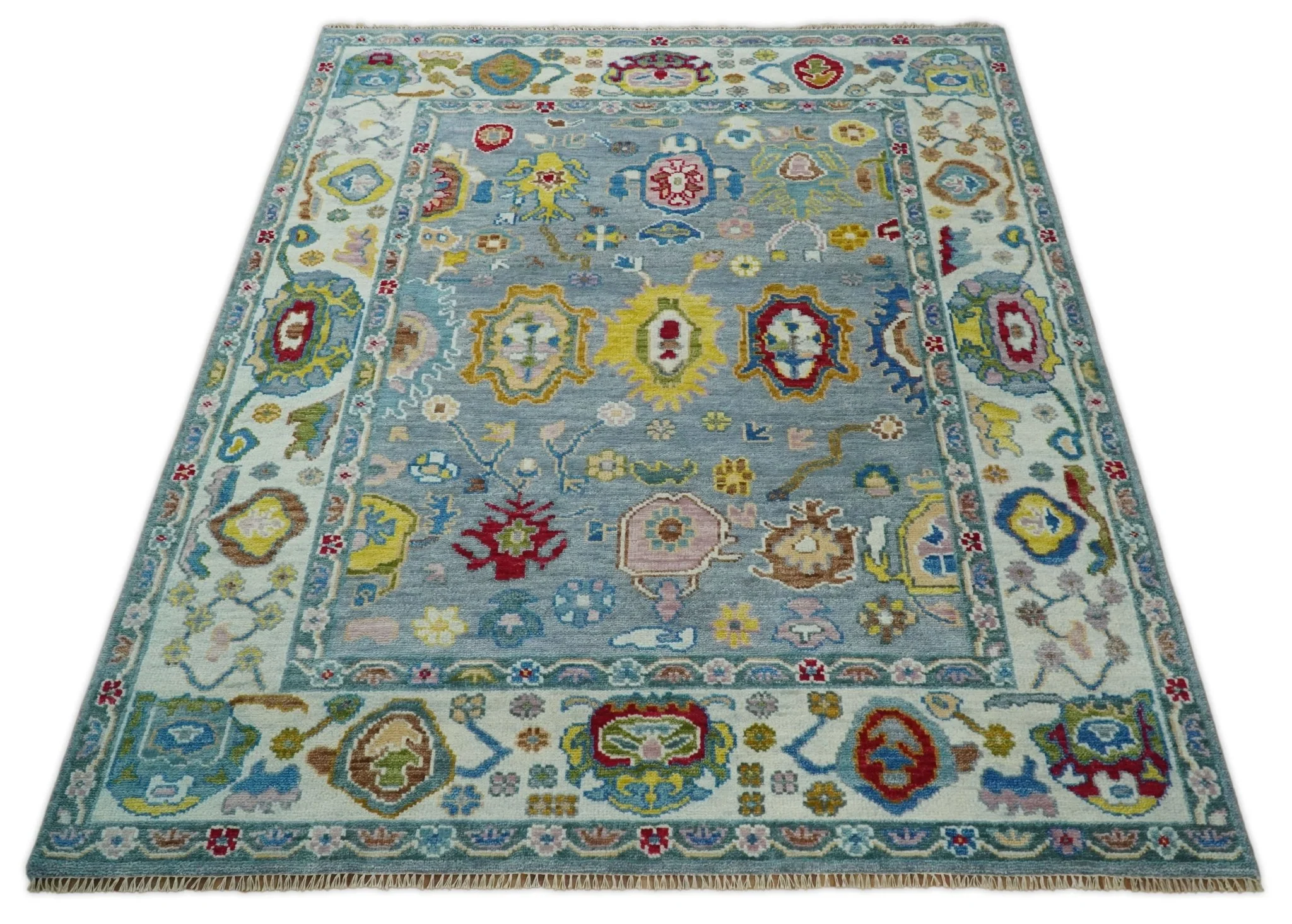 Traditional Blue and Ivory Vibrant Colorful Hand knotted Oushak Multi Size wool Area Rug - Image 3