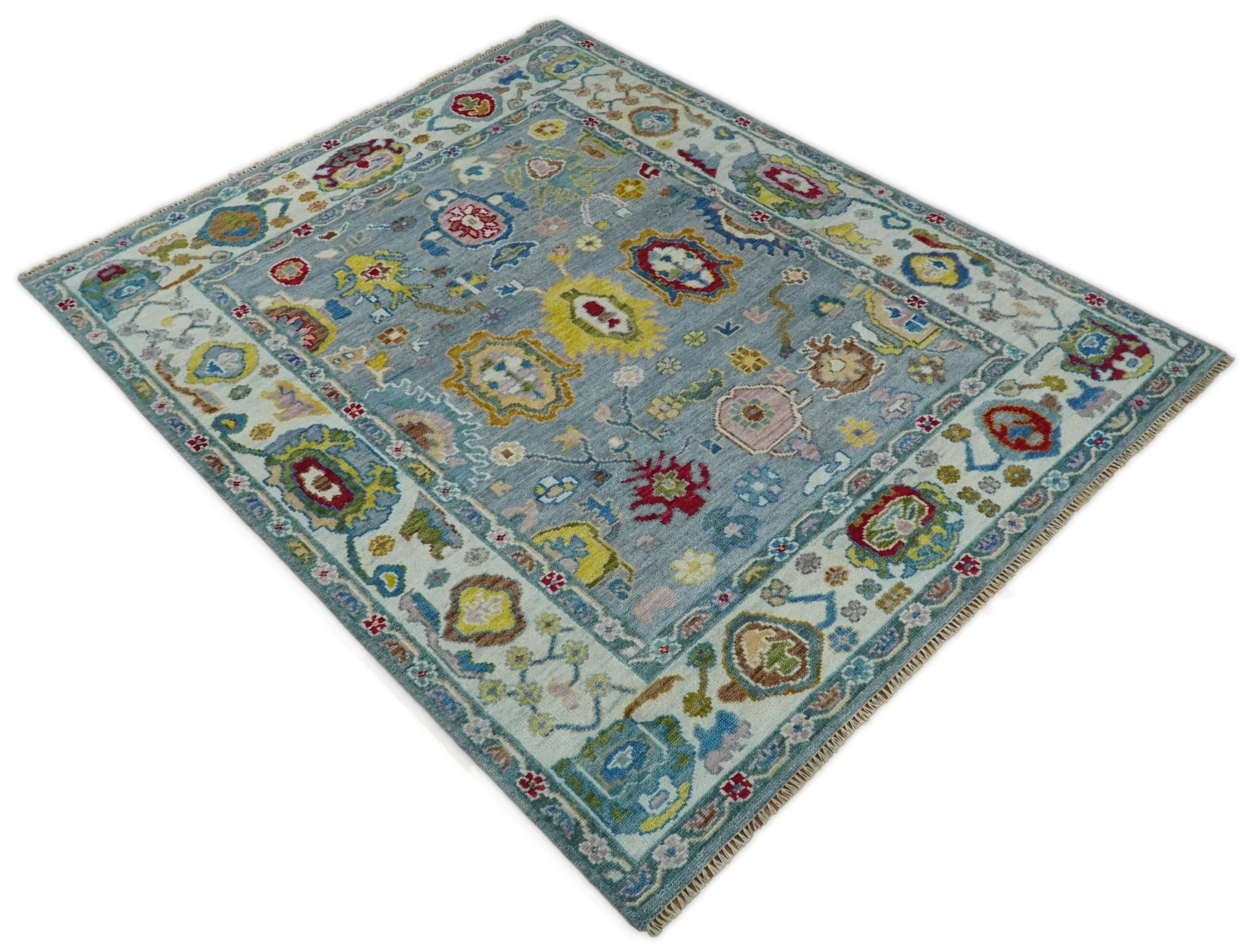 Traditional Blue and Ivory Vibrant Colorful Hand knotted Oushak Multi Size wool Area Rug - Image 4