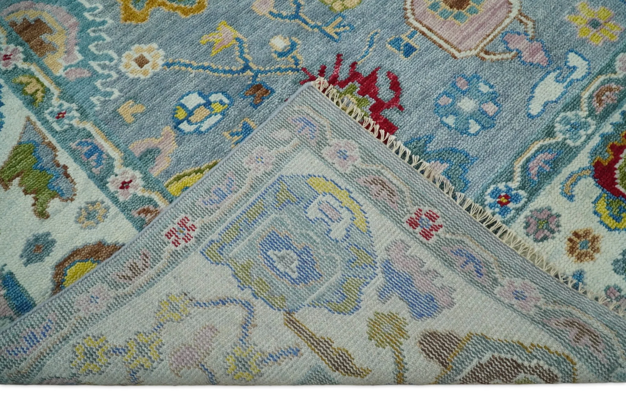 Traditional Blue and Ivory Vibrant Colorful Hand knotted Oushak Multi Size wool Area Rug - Image 5