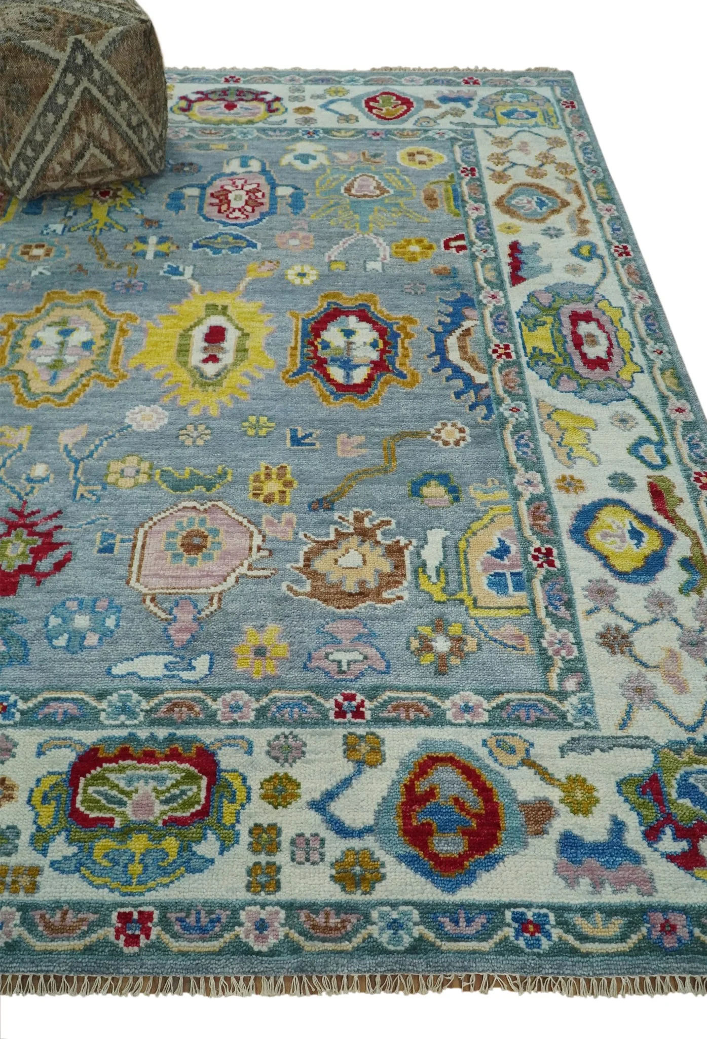 Traditional Blue and Ivory Vibrant Colorful Hand knotted Oushak Multi Size wool Area Rug - Image 7
