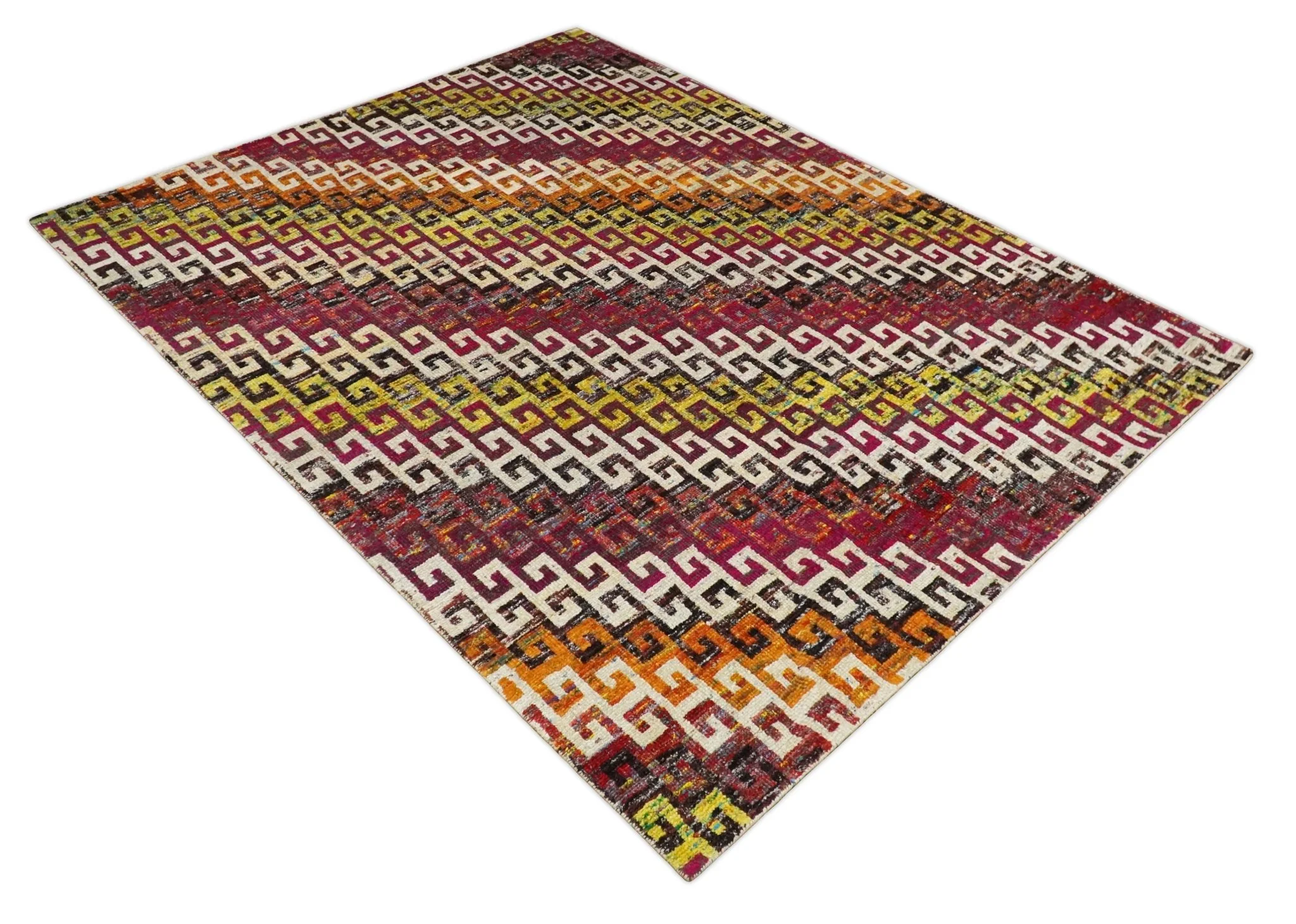 8x10 and 9x12 Hand Knotted Multicolor Modern Contemporary Southwestern Tribal Trellis Recycled Silk Area Rug | OP9 - Image 11