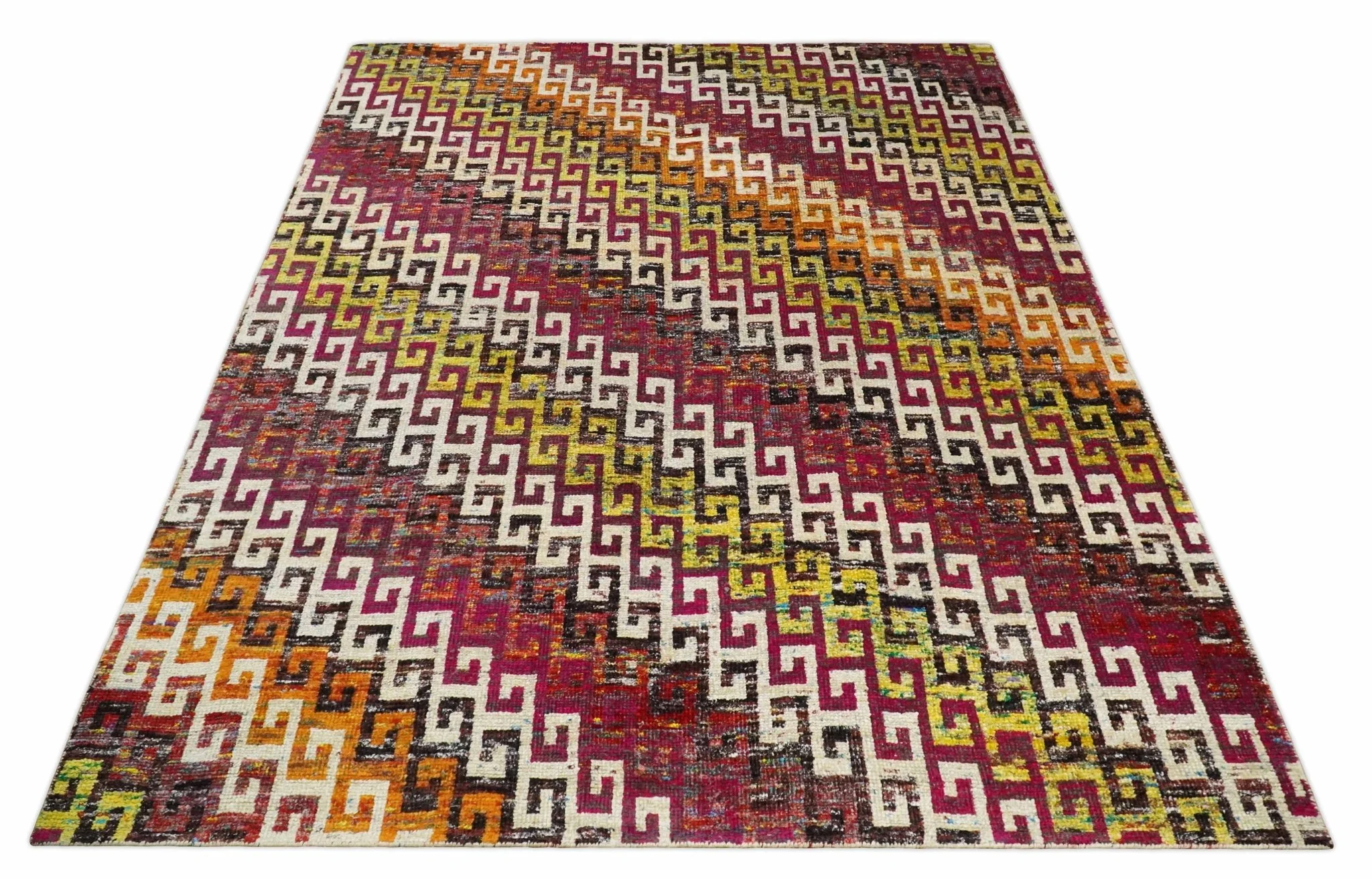 8x10 and 9x12 Hand Knotted Multicolor Modern Contemporary Southwestern Tribal Trellis Recycled Silk Area Rug | OP9 - Image 12