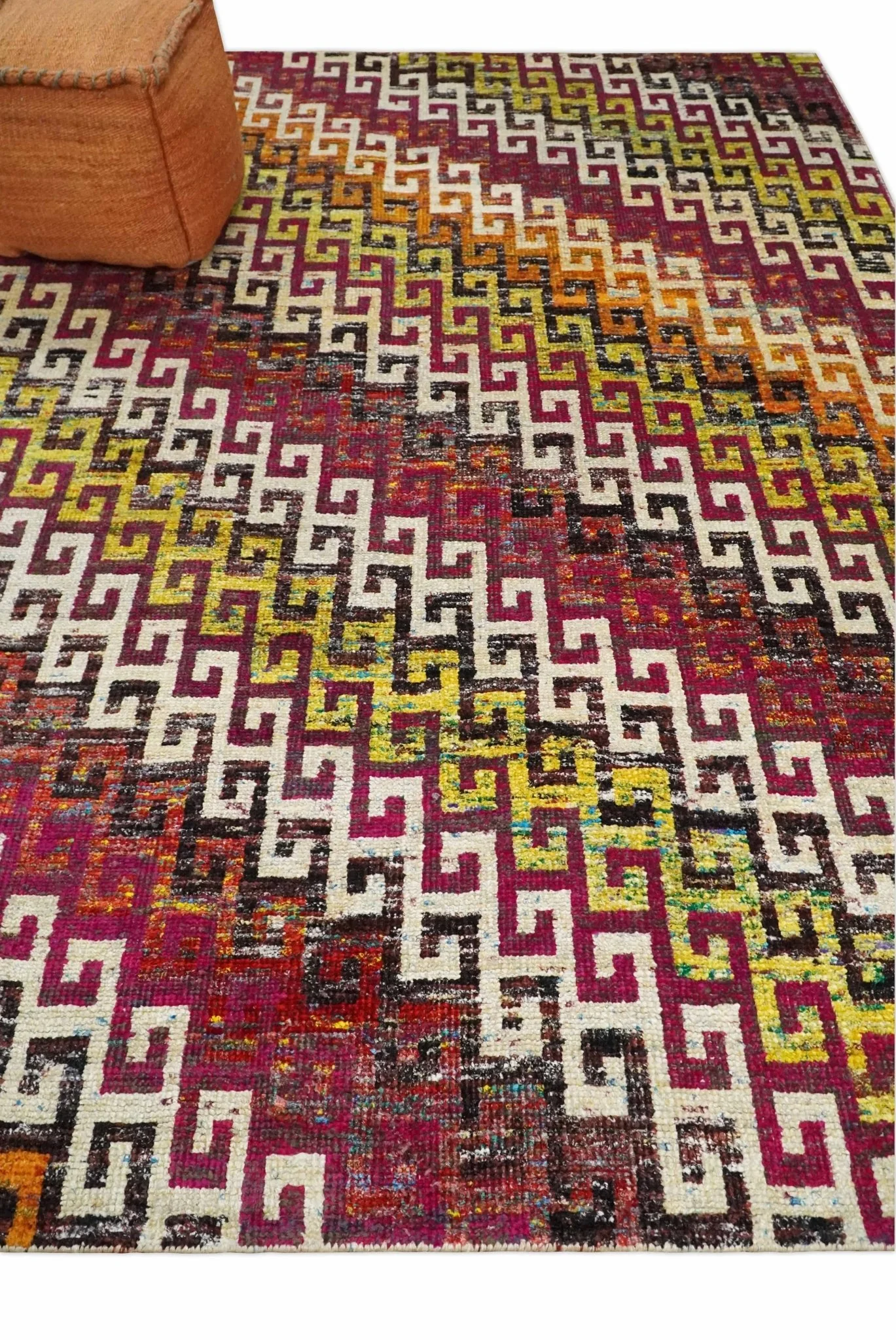8x10 and 9x12 Hand Knotted Multicolor Modern Contemporary Southwestern Tribal Trellis Recycled Silk Area Rug | OP9 - Image 3