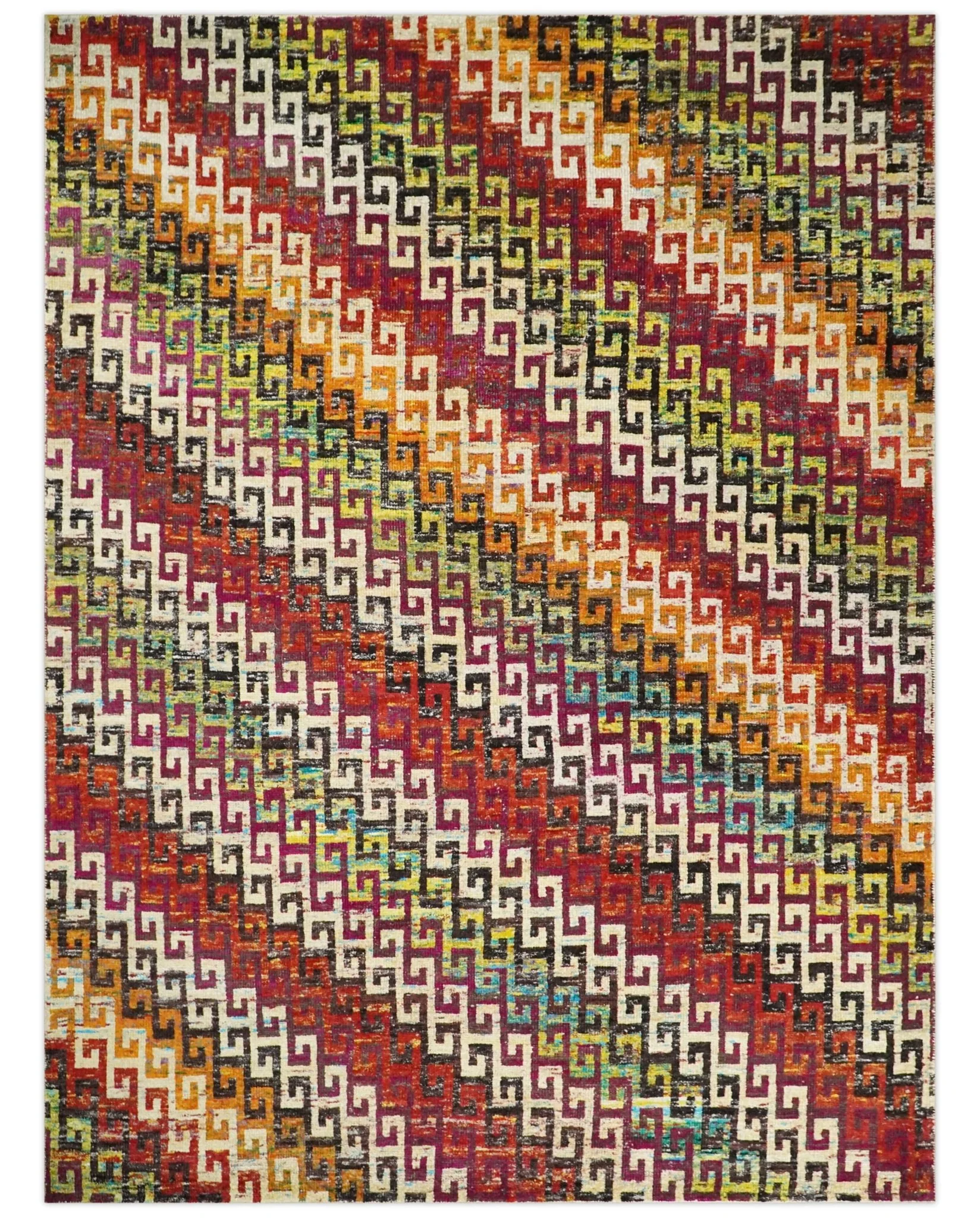 8x10 and 9x12 Hand Knotted Multicolor Modern Contemporary Southwestern Tribal Trellis Recycled Silk Area Rug | OP9 - Image 4