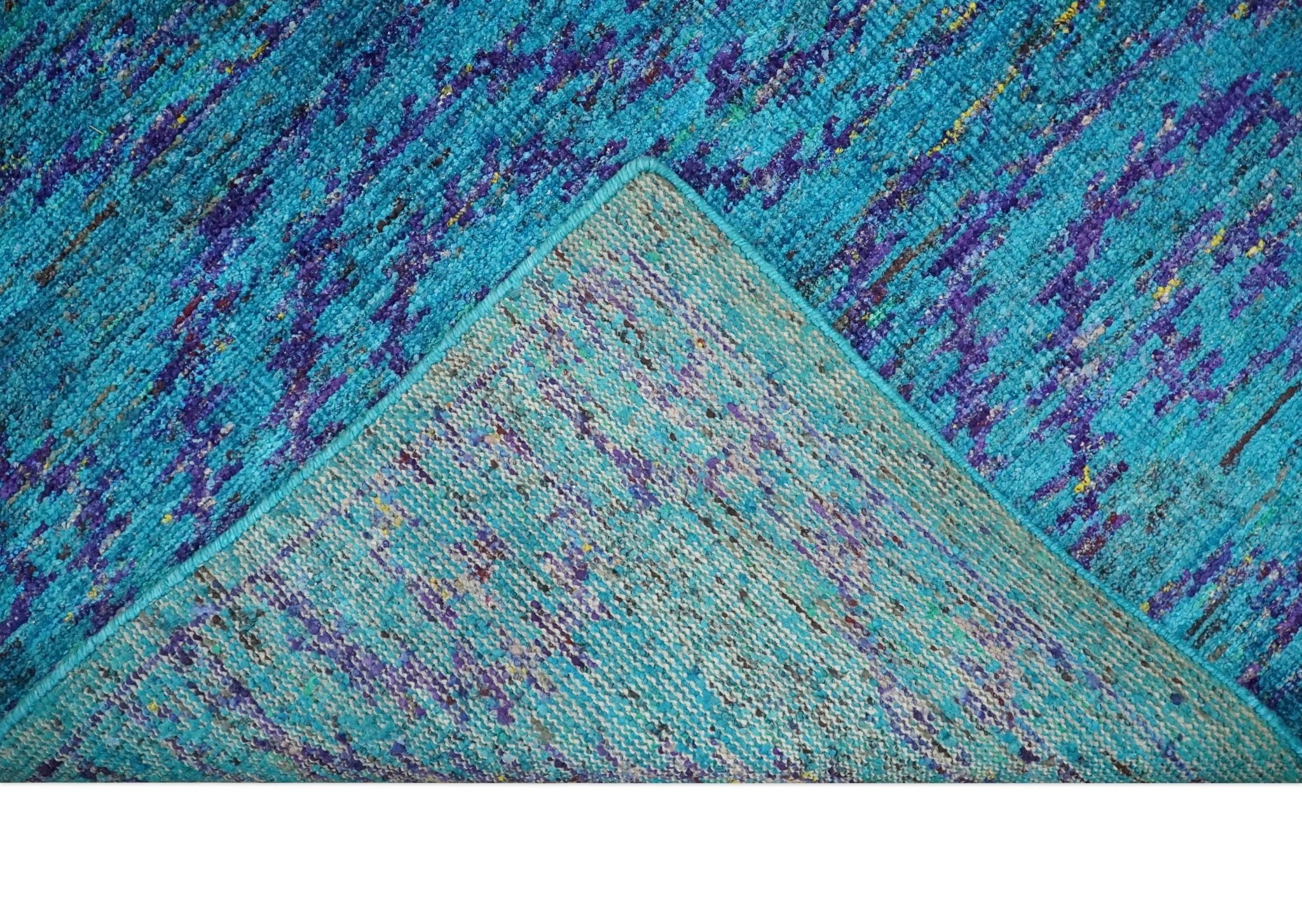 8x10 and 9x12 Hand Knotted Teal Blue and Violet Modern Contemporary Southwestern Tribal Trellis Recycled Silk Area Rug | OP10 - Image 10