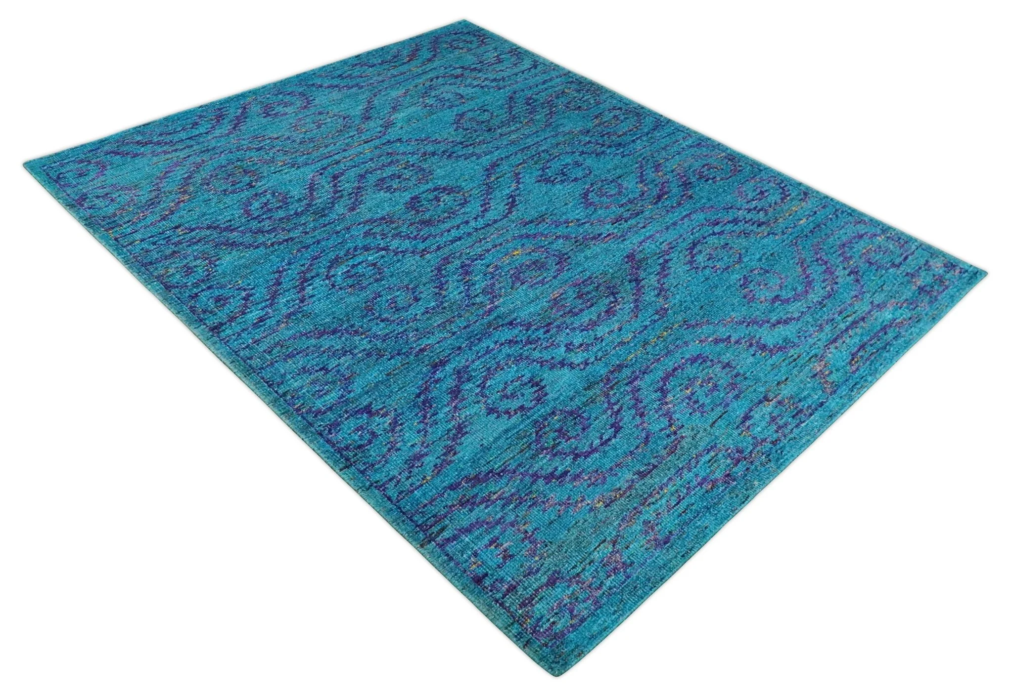 8x10 and 9x12 Hand Knotted Teal Blue and Violet Modern Contemporary Southwestern Tribal Trellis Recycled Silk Area Rug | OP10 - Image 11
