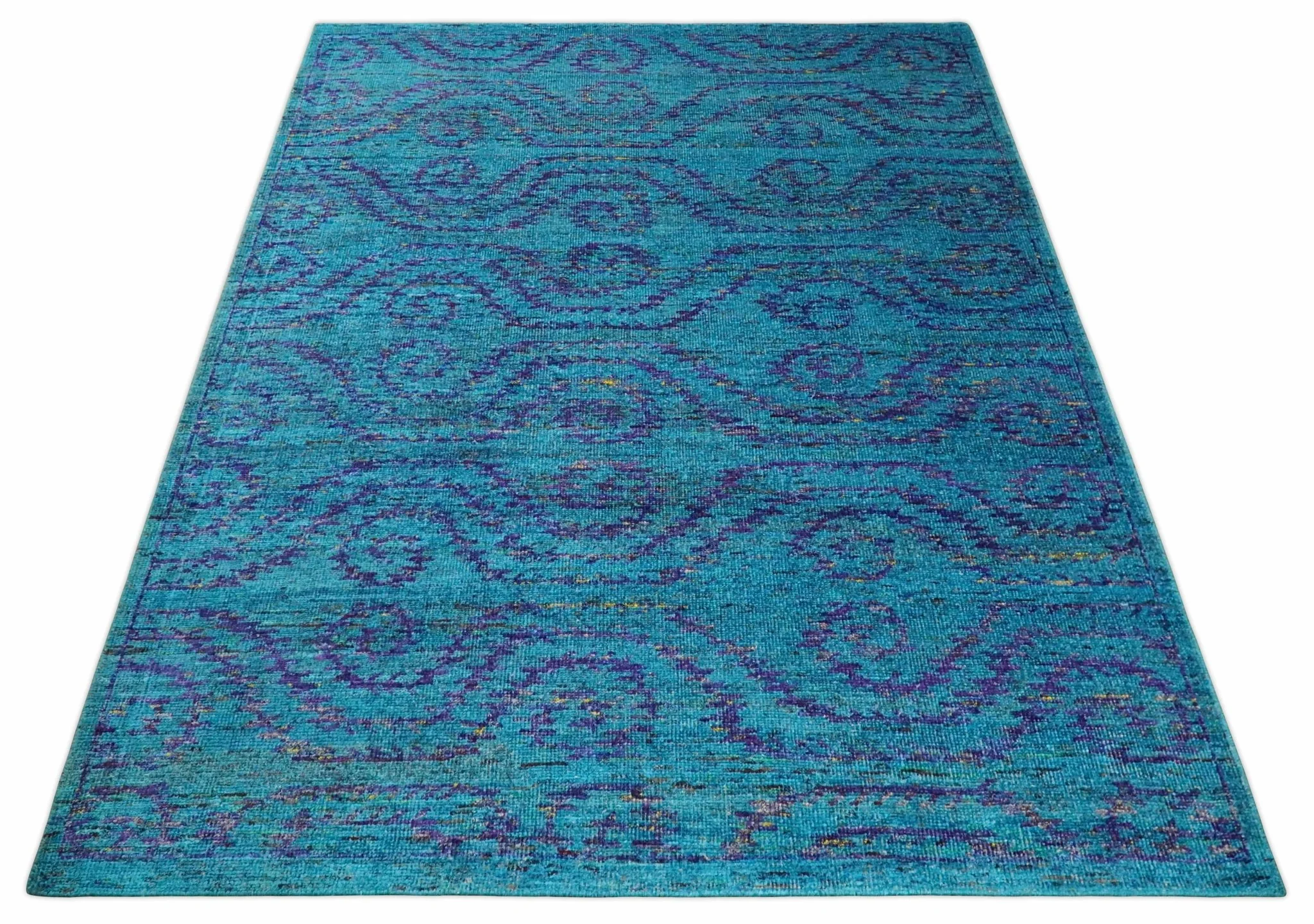 8x10 and 9x12 Hand Knotted Teal Blue and Violet Modern Contemporary Southwestern Tribal Trellis Recycled Silk Area Rug | OP10 - Image 12
