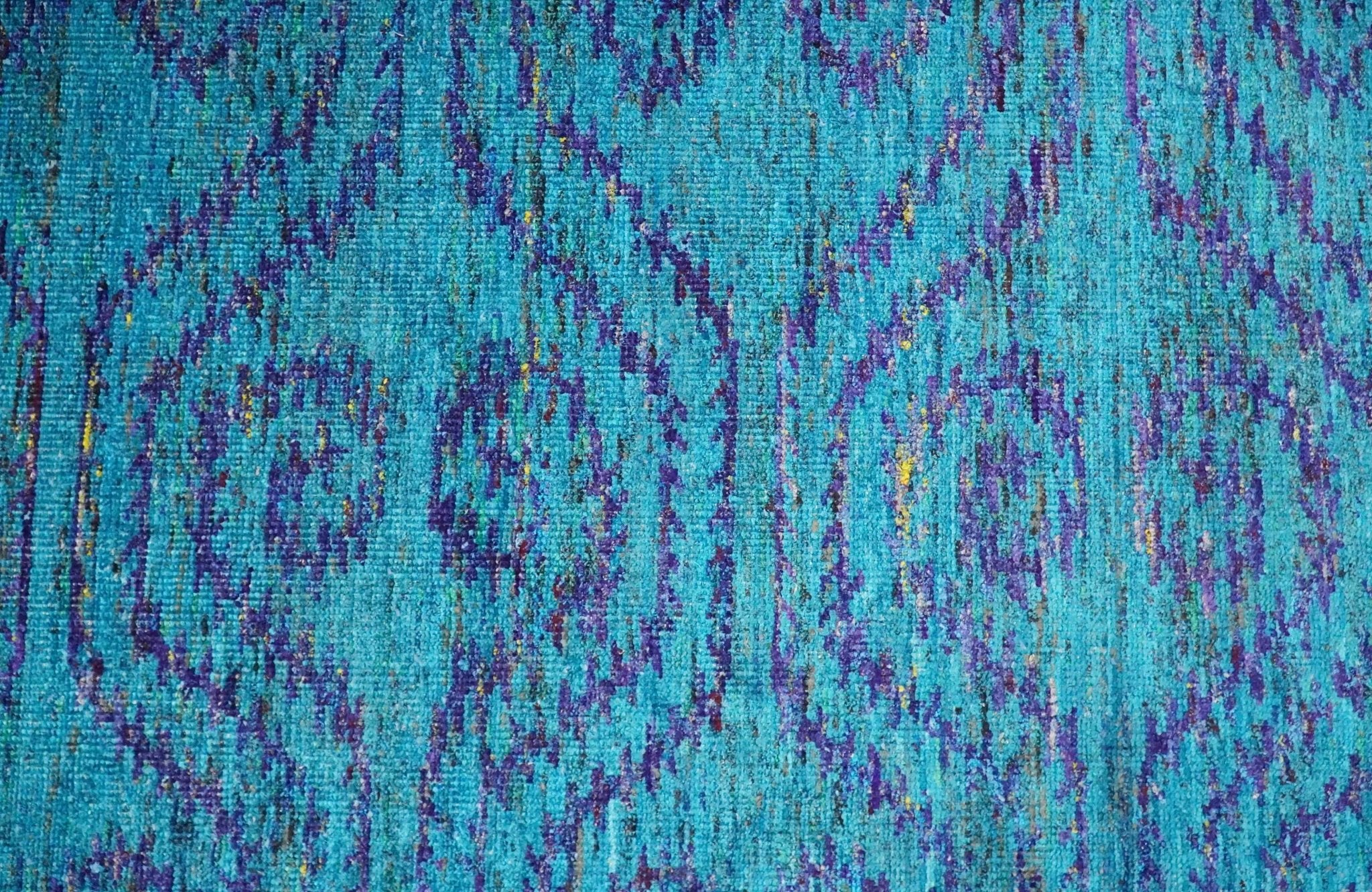 8x10 and 9x12 Hand Knotted Teal Blue and Violet Modern Contemporary Southwestern Tribal Trellis Recycled Silk Area Rug | OP10 - Image 13