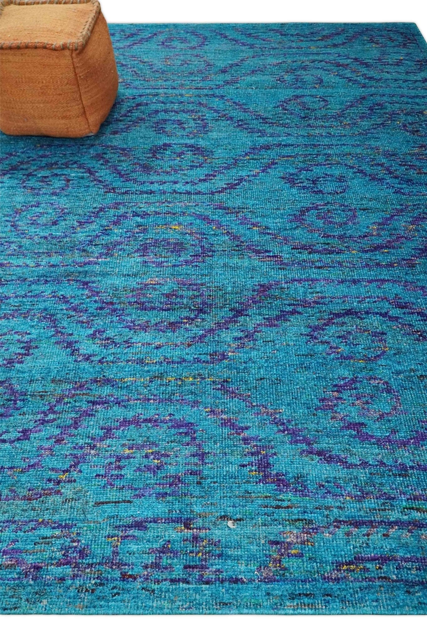 8x10 and 9x12 Hand Knotted Teal Blue and Violet Modern Contemporary Southwestern Tribal Trellis Recycled Silk Area Rug | OP10 - Image 3