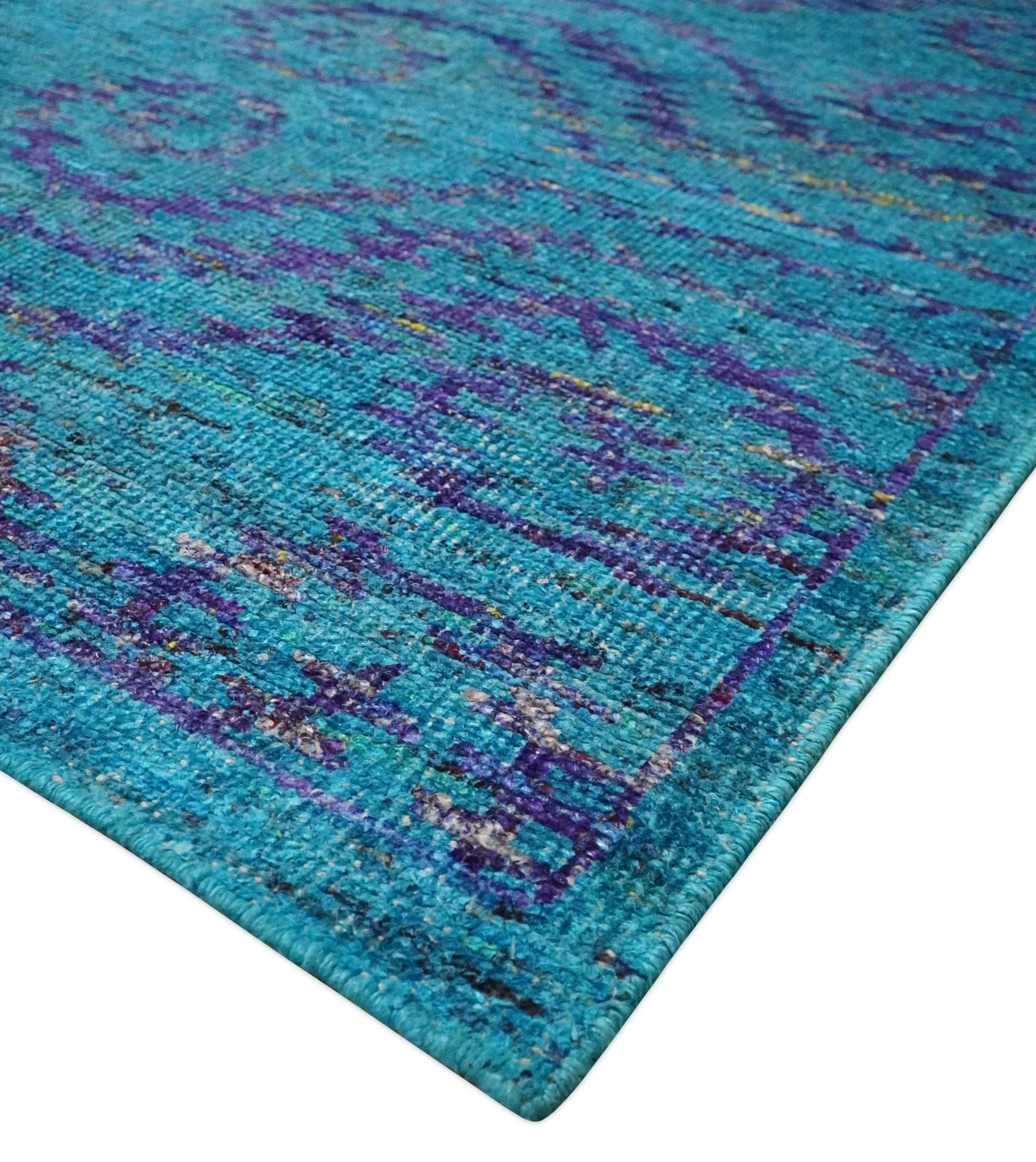 8x10 and 9x12 Hand Knotted Teal Blue and Violet Modern Contemporary Southwestern Tribal Trellis Recycled Silk Area Rug | OP10 - Image 5