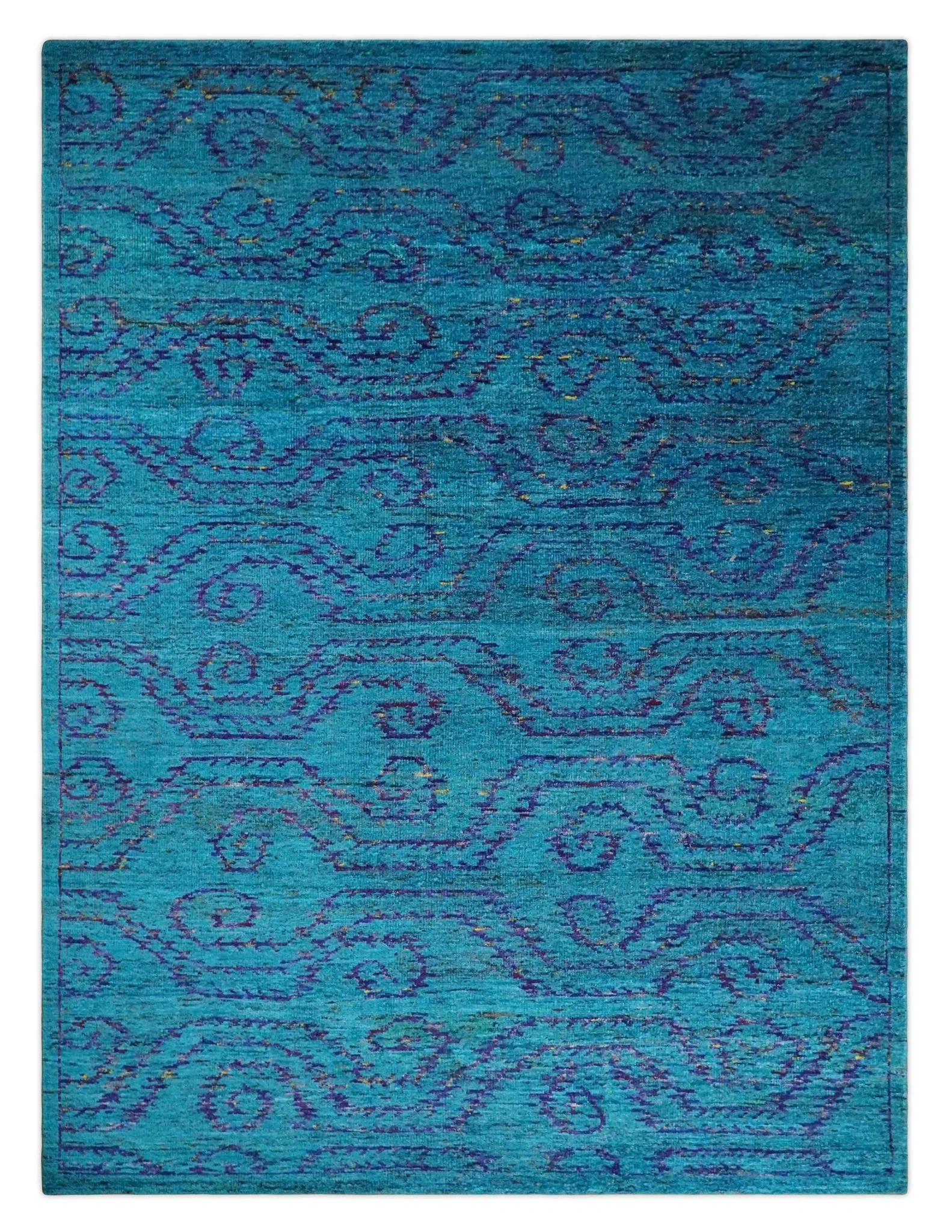 8x10 and 9x12 Hand Knotted Teal Blue and Violet Modern Contemporary Southwestern Tribal Trellis Recycled Silk Area Rug | OP10 - Image 6