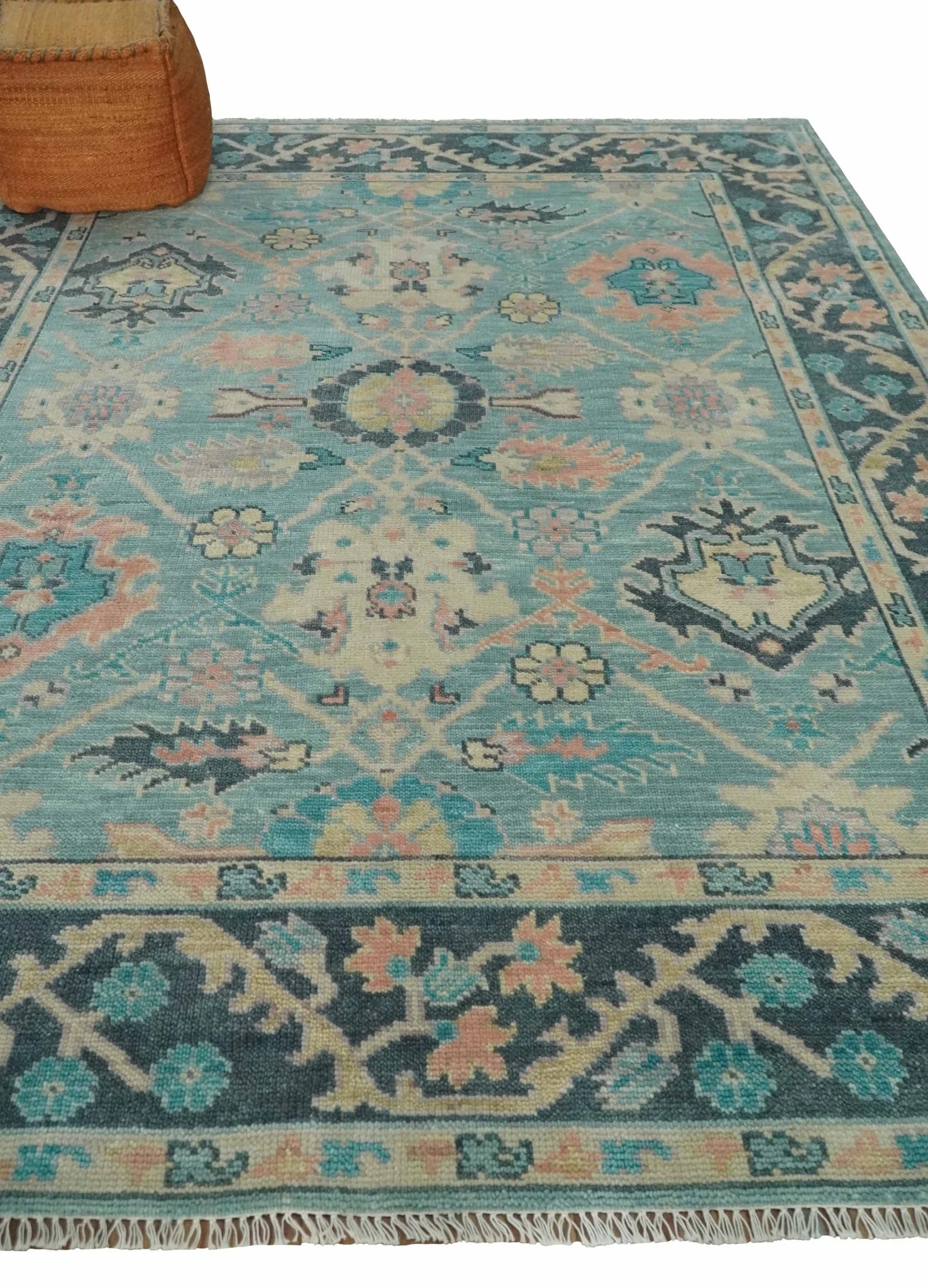 8x10 Antique Hand Knotted Teal, Charcoal and Beige Traditional Vintage Persian Oushak Wool Rug | TRDCP1367810 - Image 3
