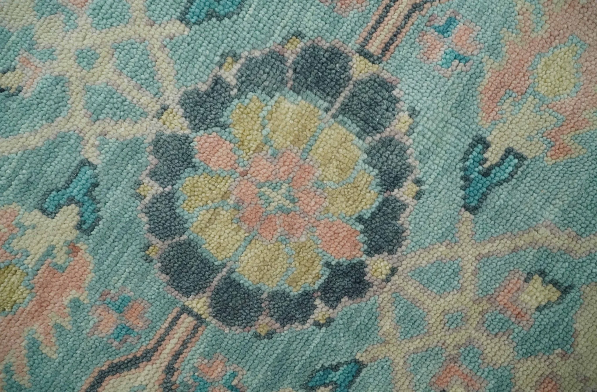 8x10 Antique Hand Knotted Teal, Charcoal and Beige Traditional Vintage Persian Oushak Wool Rug | TRDCP1367810 - Image 4