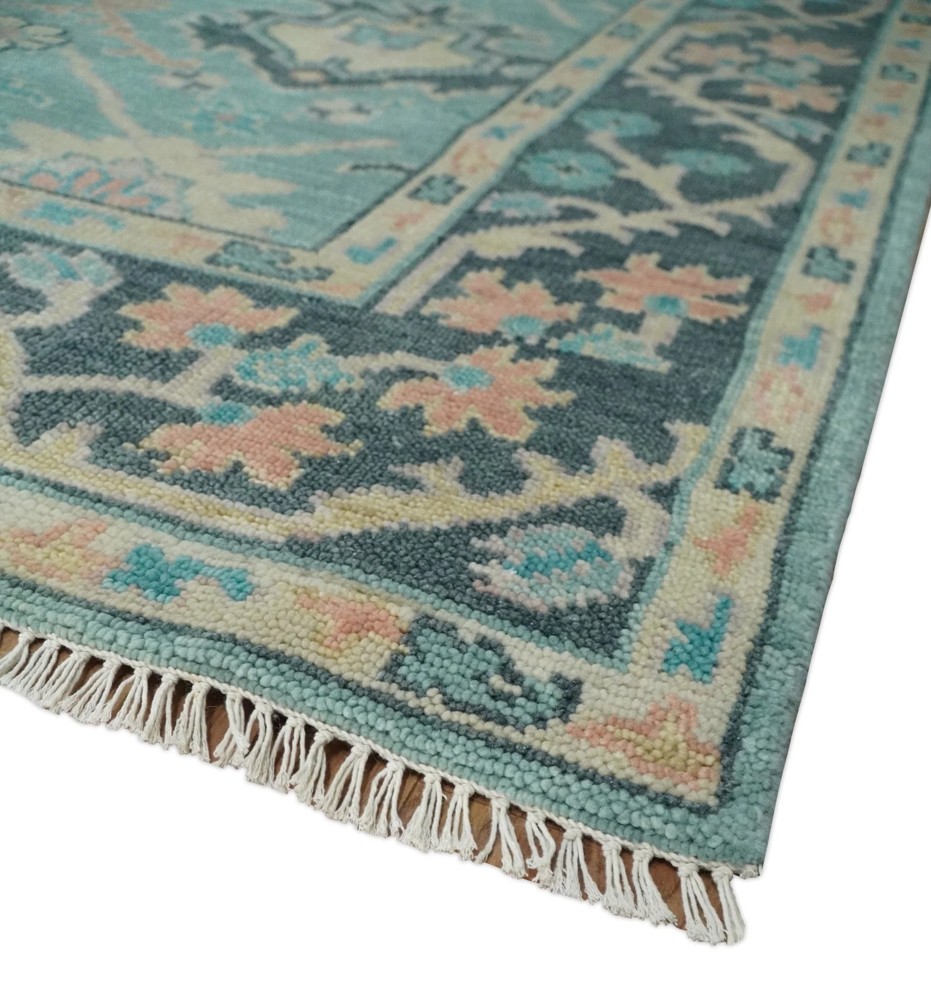 8x10 Antique Hand Knotted Teal, Charcoal and Beige Traditional Vintage Persian Oushak Wool Rug | TRDCP1367810 - Image 5