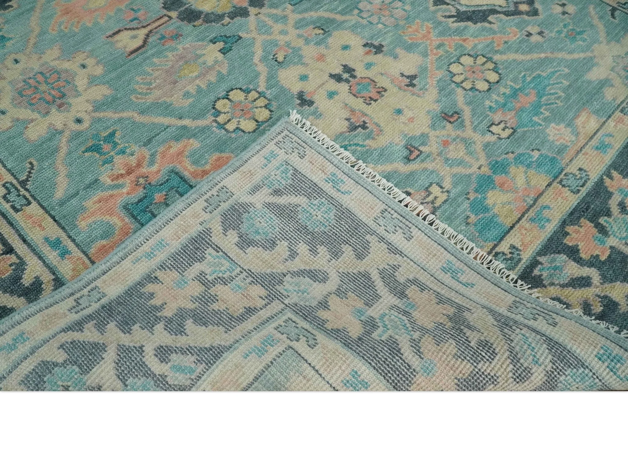 8x10 Antique Hand Knotted Teal, Charcoal and Beige Traditional Vintage Persian Oushak Wool Rug | TRDCP1367810 - Image 8