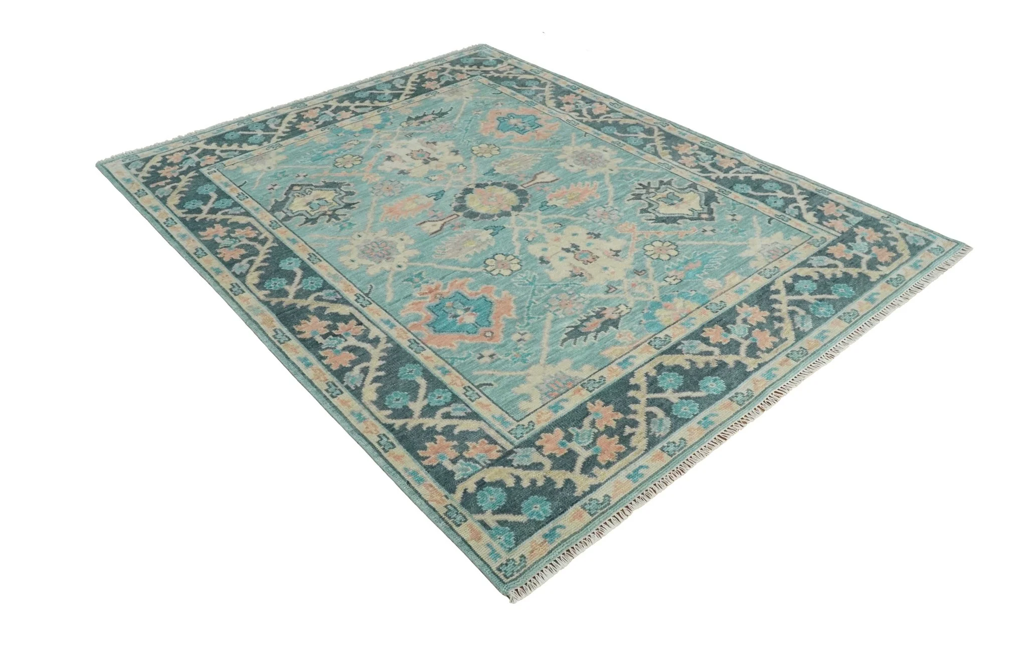 8x10 Antique Hand Knotted Teal, Charcoal and Beige Traditional Vintage Persian Oushak Wool Rug | TRDCP1367810 - Image 9