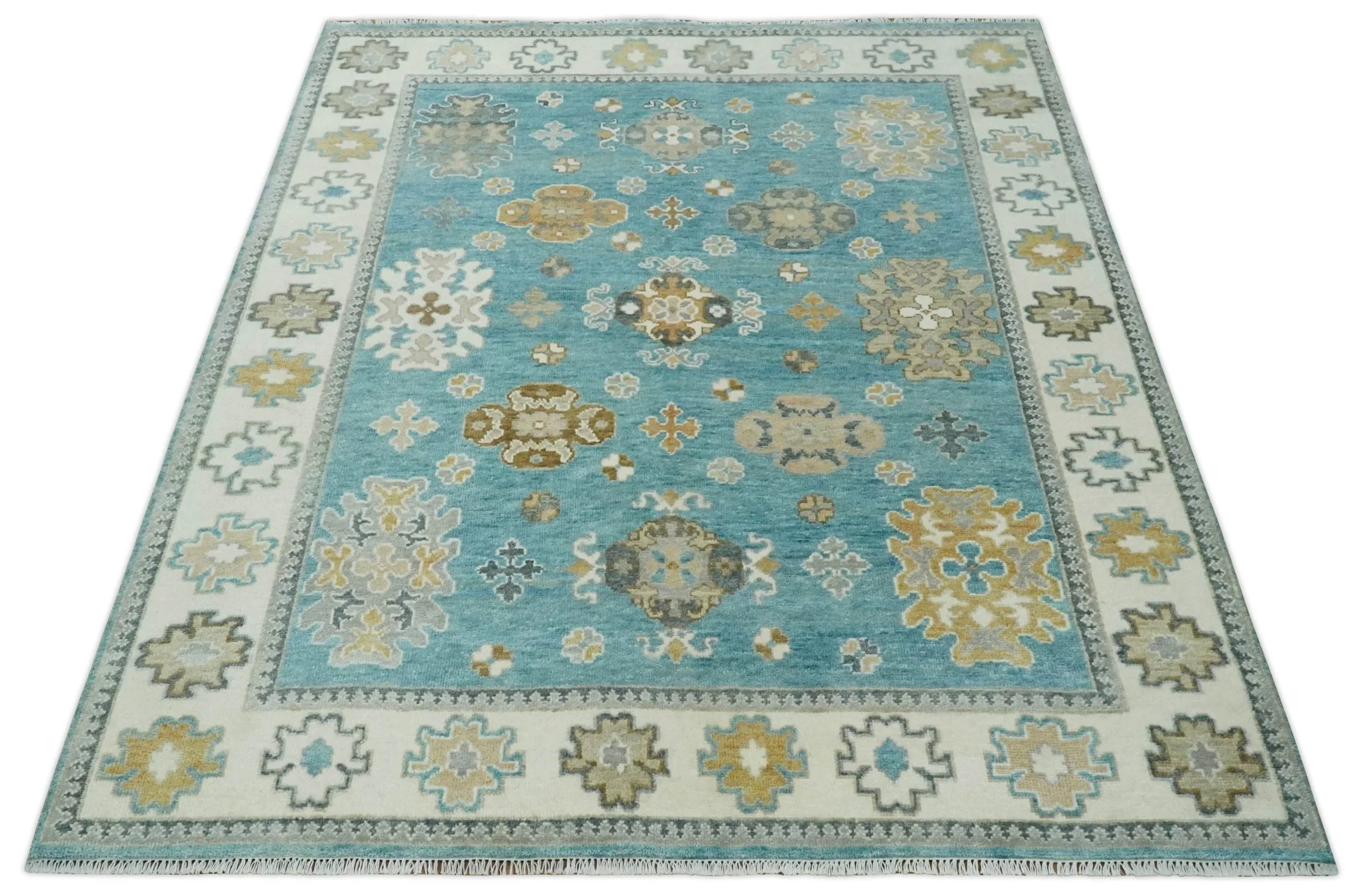 8x10 Hand Knotted Aqua and Ivory Traditional Oushak Wool Area Rug - Image 10