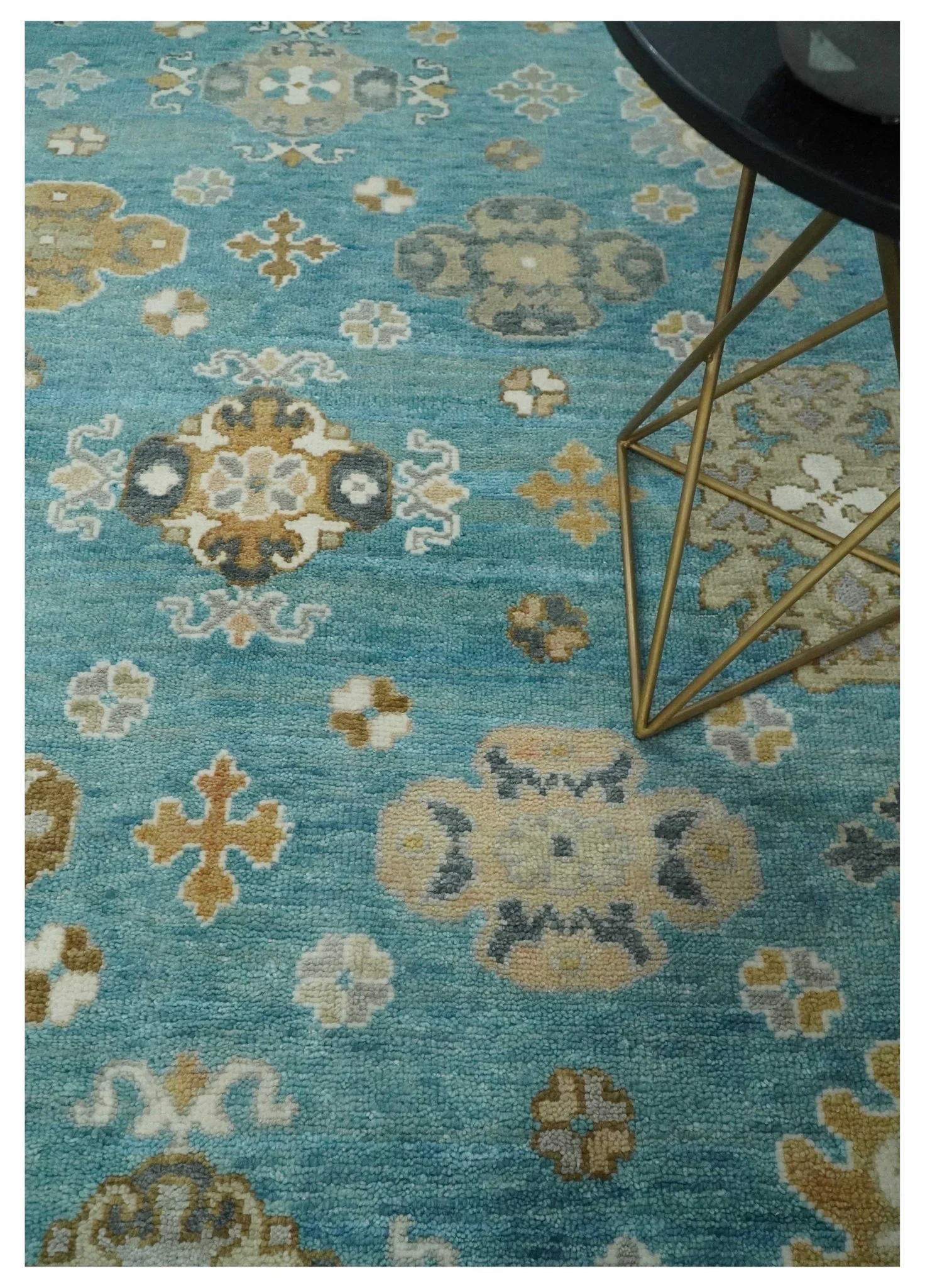 8x10 Hand Knotted Aqua and Ivory Traditional Oushak Wool Area Rug - Image 2