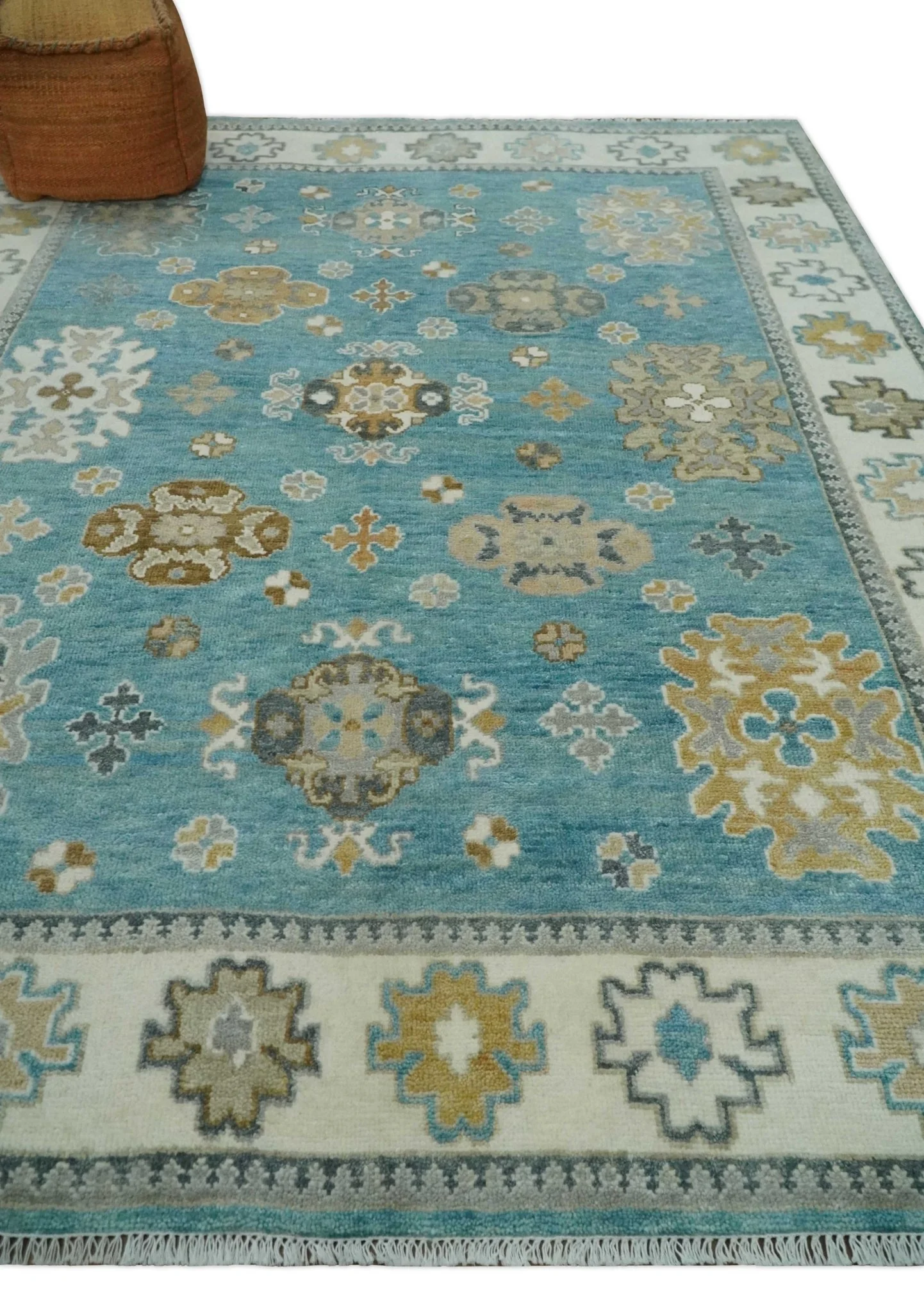 8x10 Hand Knotted Aqua and Ivory Traditional Oushak Wool Area Rug - Image 3