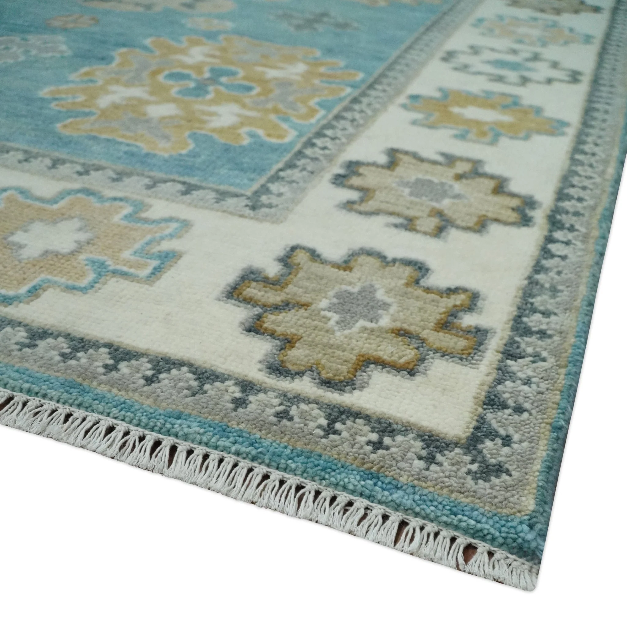 8x10 Hand Knotted Aqua and Ivory Traditional Oushak Wool Area Rug - Image 5