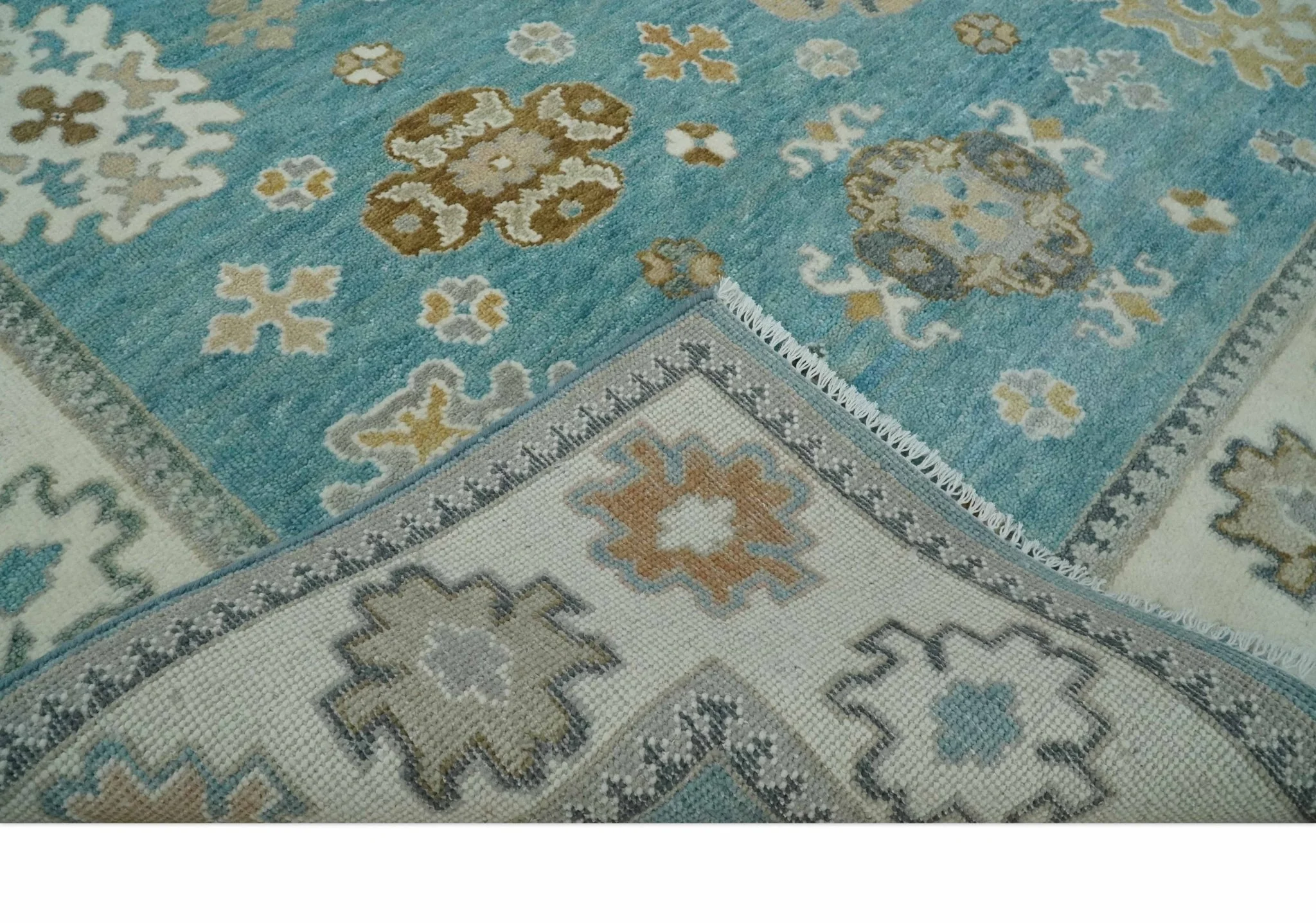 8x10 Hand Knotted Aqua and Ivory Traditional Oushak Wool Area Rug - Image 7