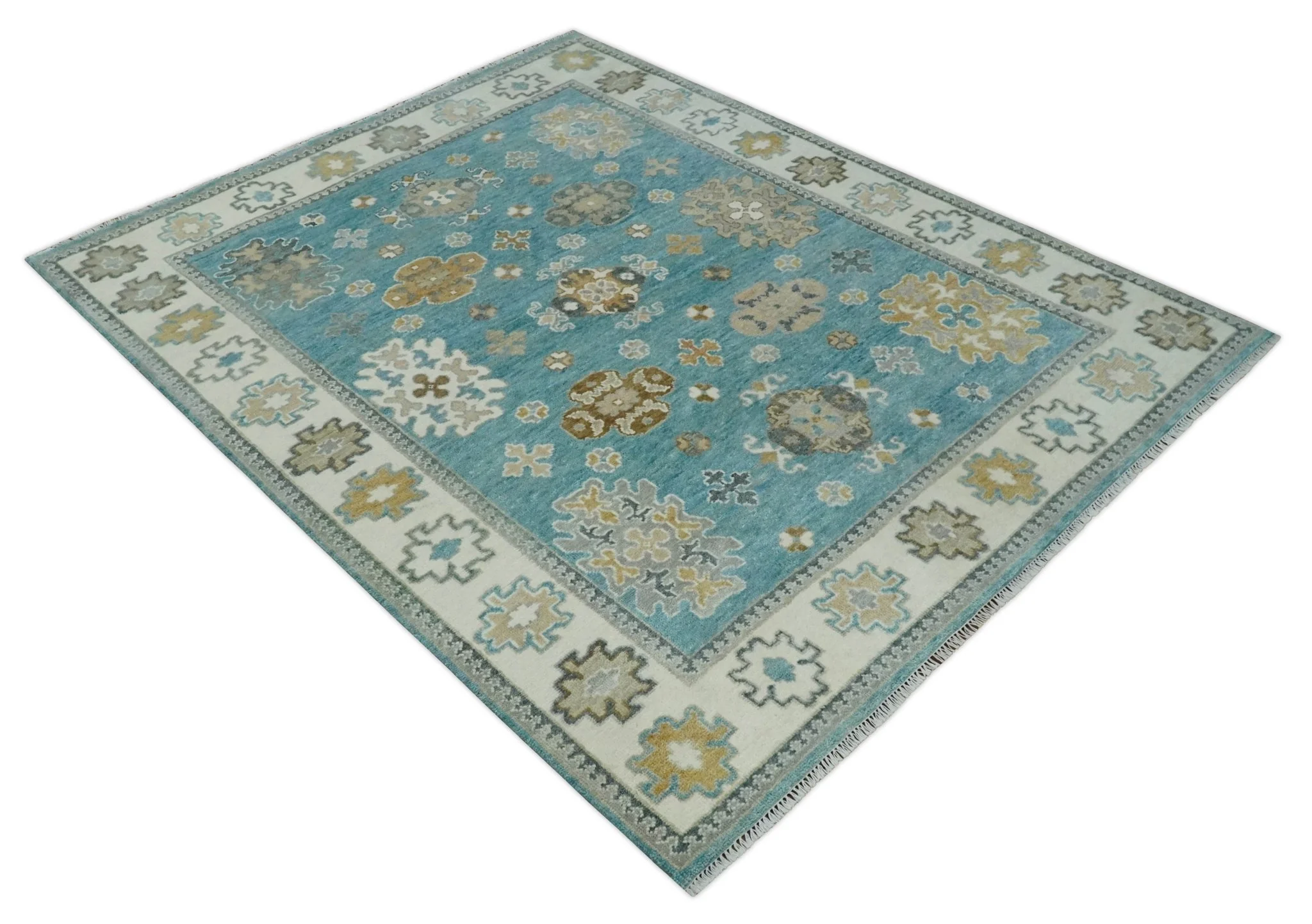 8x10 Hand Knotted Aqua and Ivory Traditional Oushak Wool Area Rug - Image 9