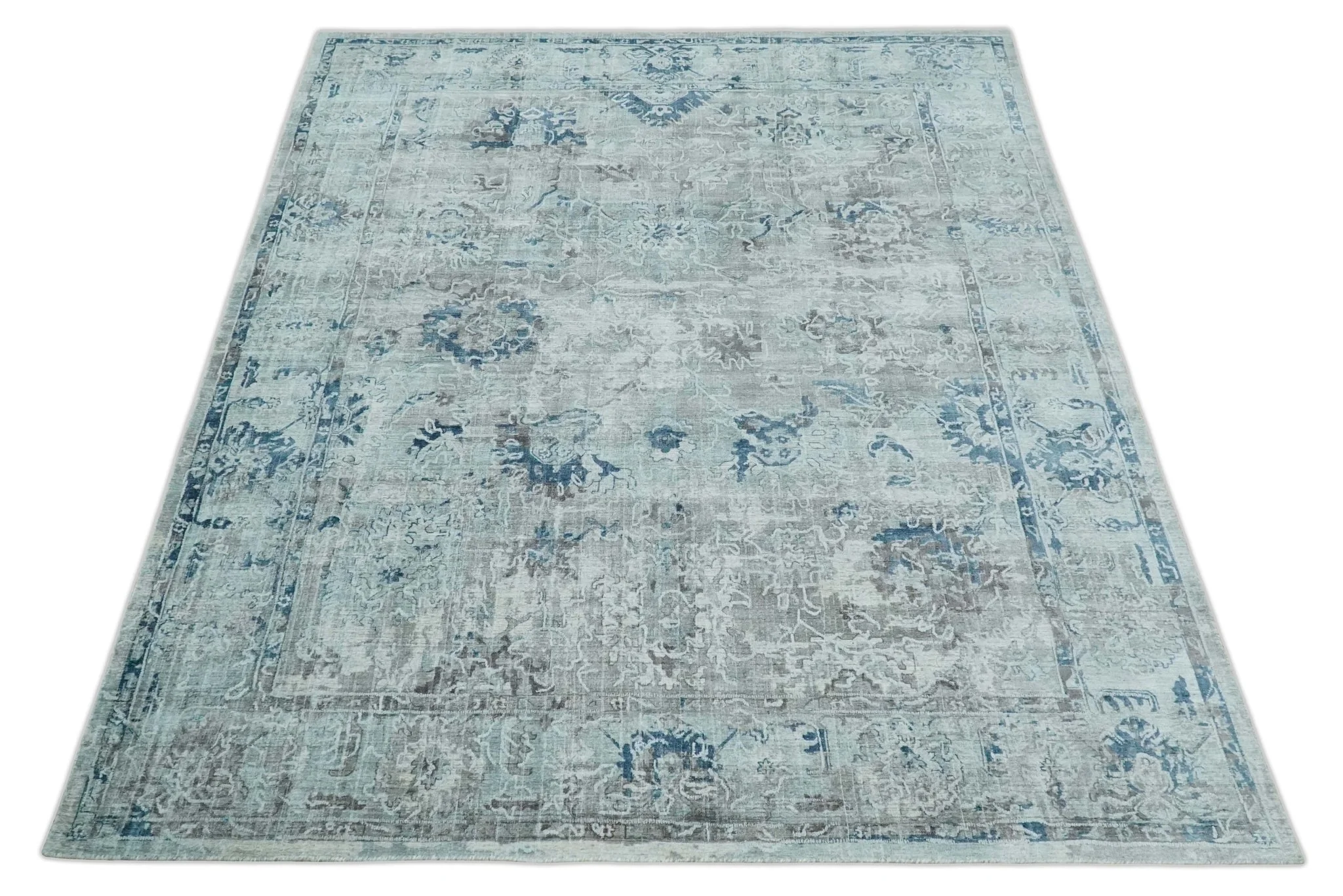 8x10 Aqua, Ivory and Silver Traditional Handmade Wool Area Rug - Image 10