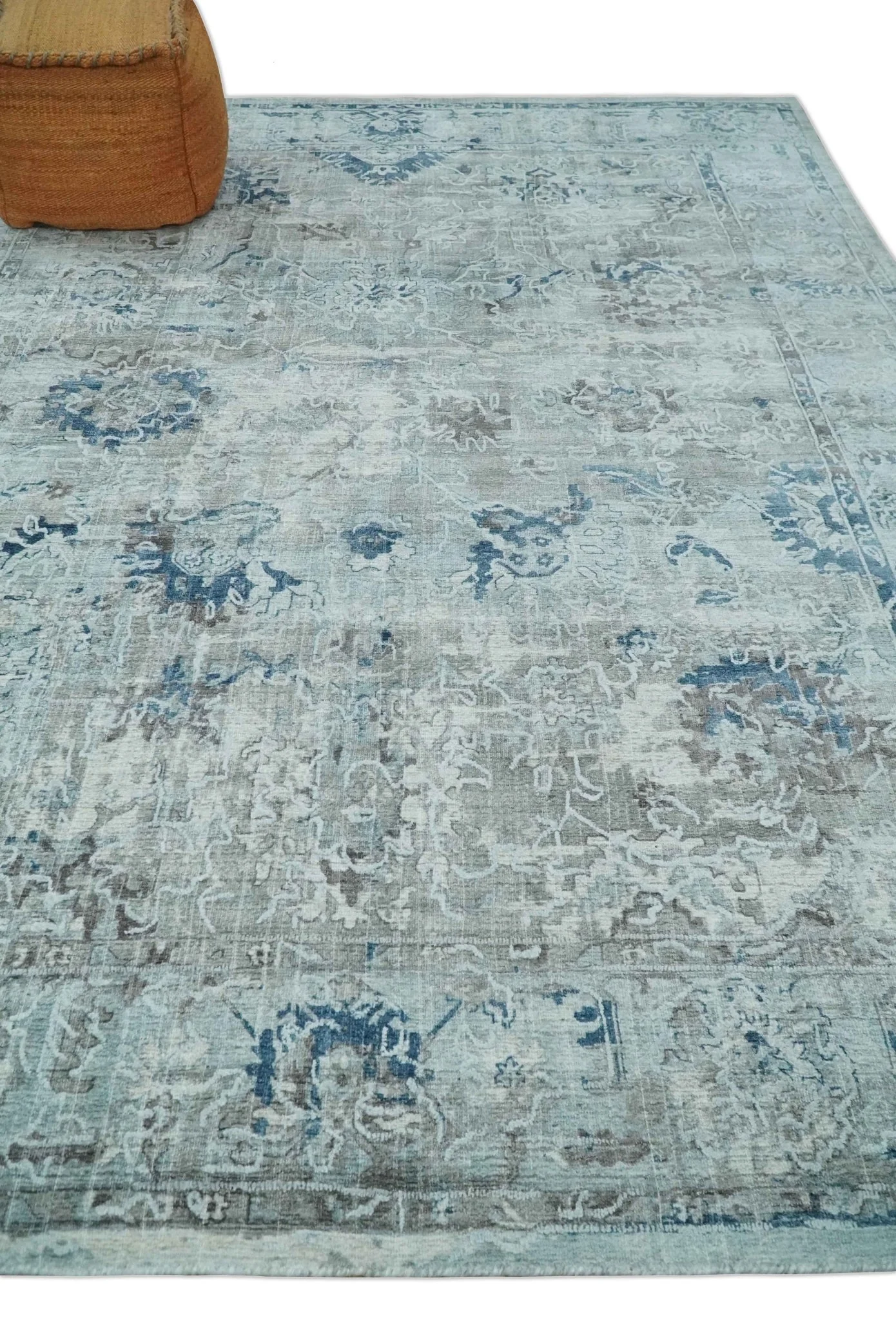 8x10 Aqua, Ivory and Silver Traditional Handmade Wool Area Rug - Image 3