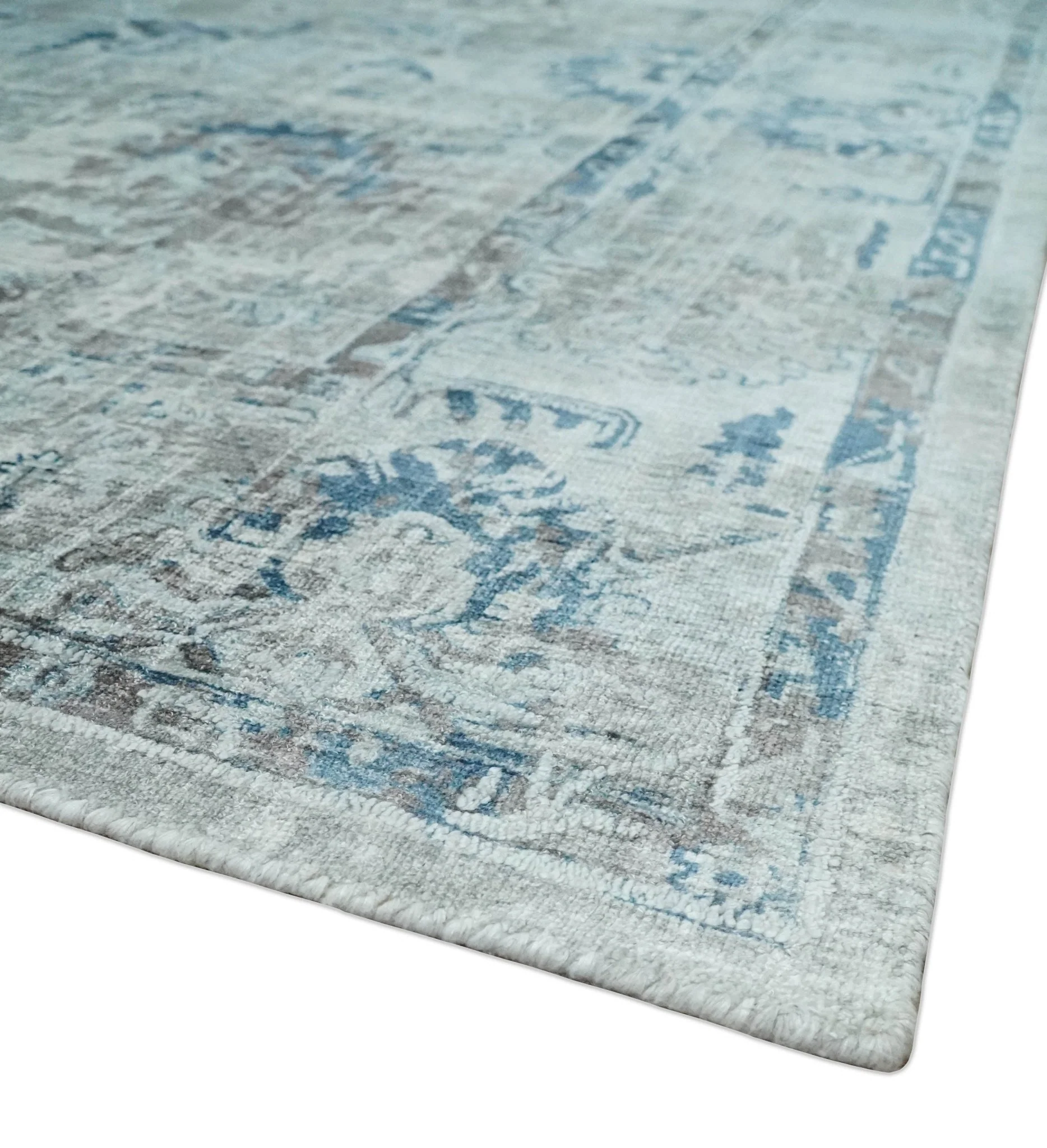 8x10 Aqua, Ivory and Silver Traditional Handmade Wool Area Rug - Image 5