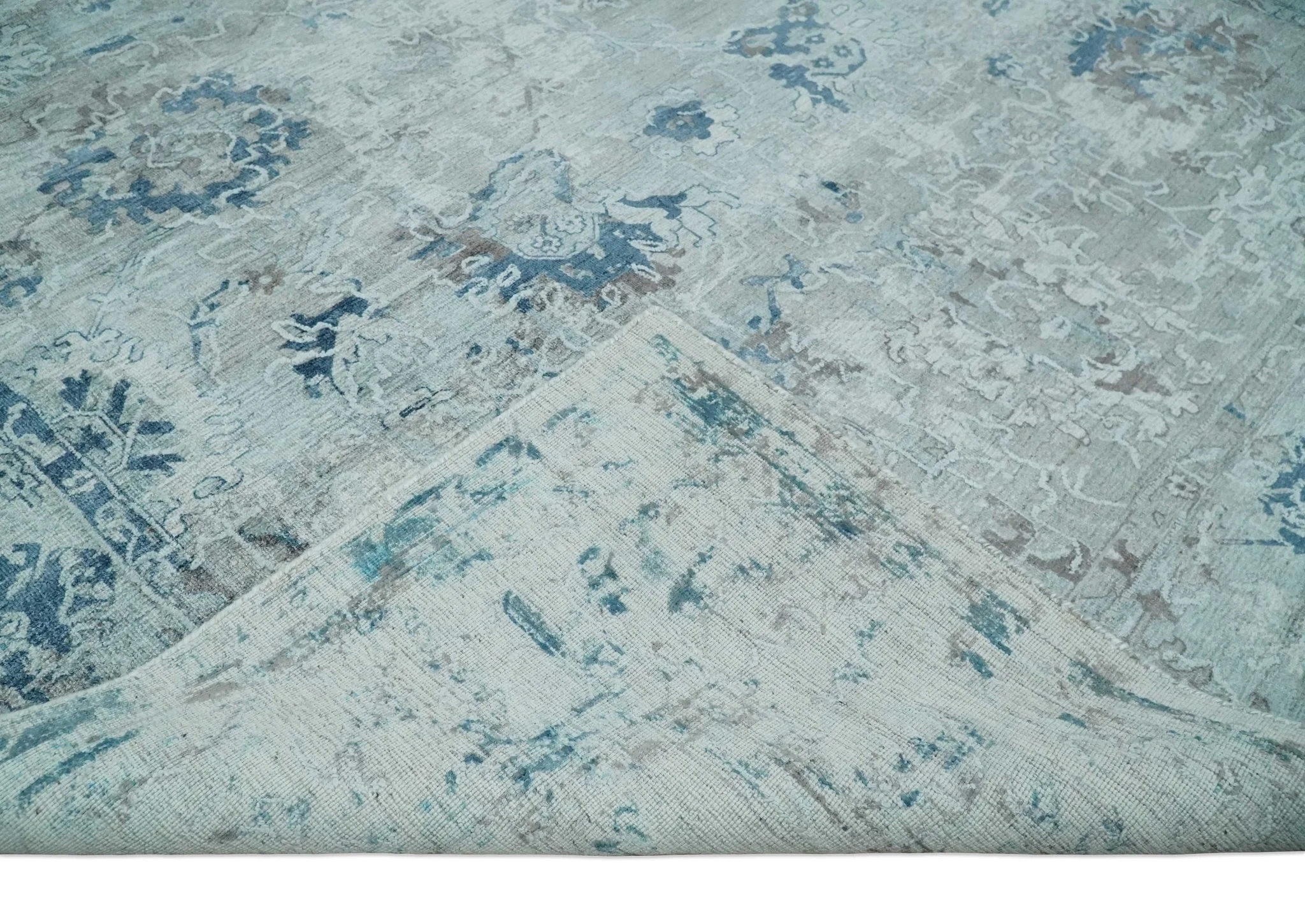 8x10 Aqua, Ivory and Silver Traditional Handmade Wool Area Rug - Image 7