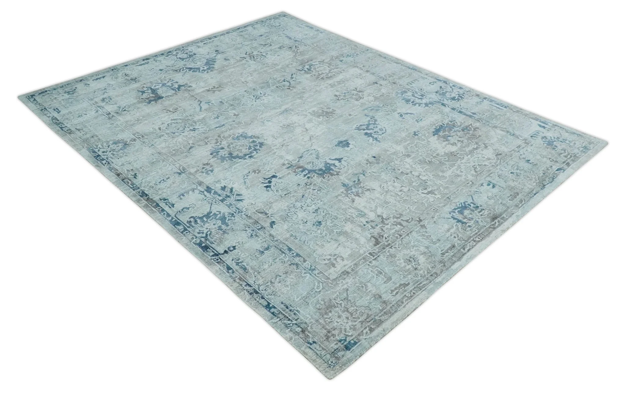 8x10 Aqua, Ivory and Silver Traditional Handmade Wool Area Rug - Image 9