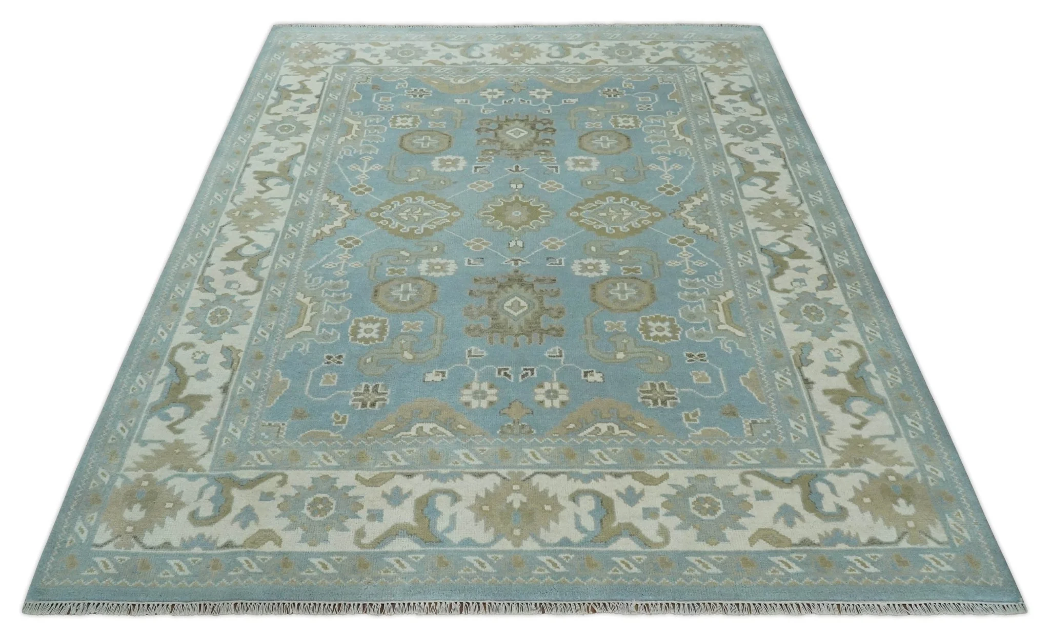 8x10 Aqua, Ivory and Olive Traditional Oushak Hand Knotted Wool Area Rug - Image 10