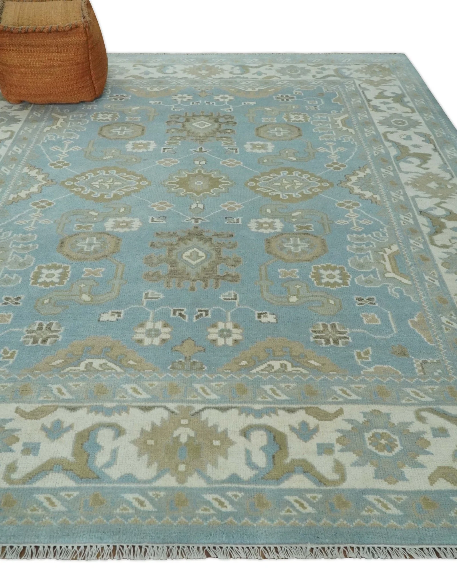 8x10 Aqua, Ivory and Olive Traditional Oushak Hand Knotted Wool Area Rug - Image 3