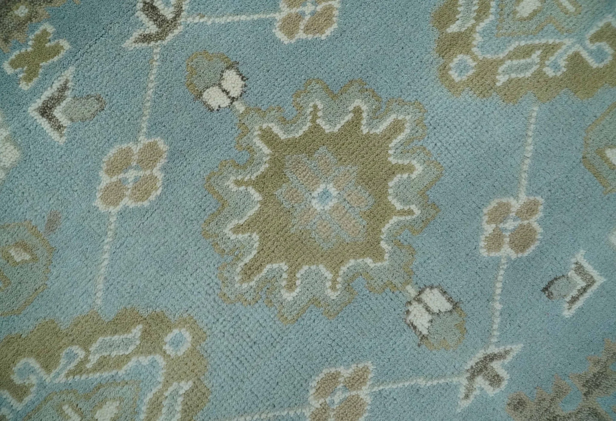 8x10 Aqua, Ivory and Olive Traditional Oushak Hand Knotted Wool Area Rug - Image 4