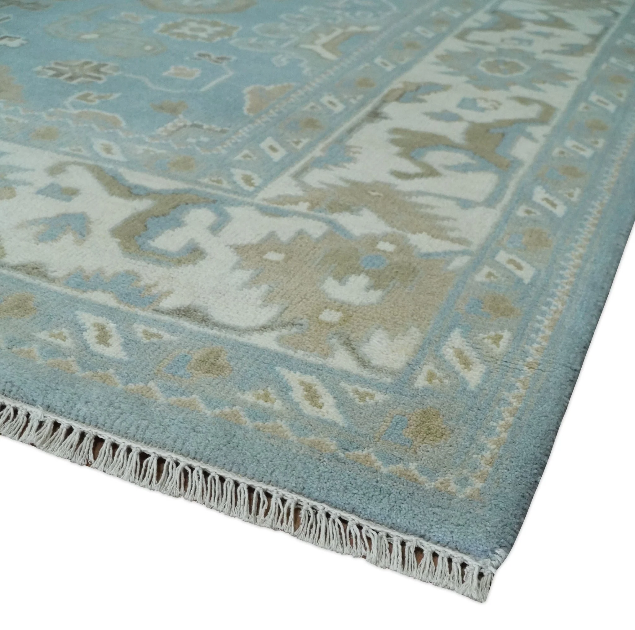 8x10 Aqua, Ivory and Olive Traditional Oushak Hand Knotted Wool Area Rug - Image 5