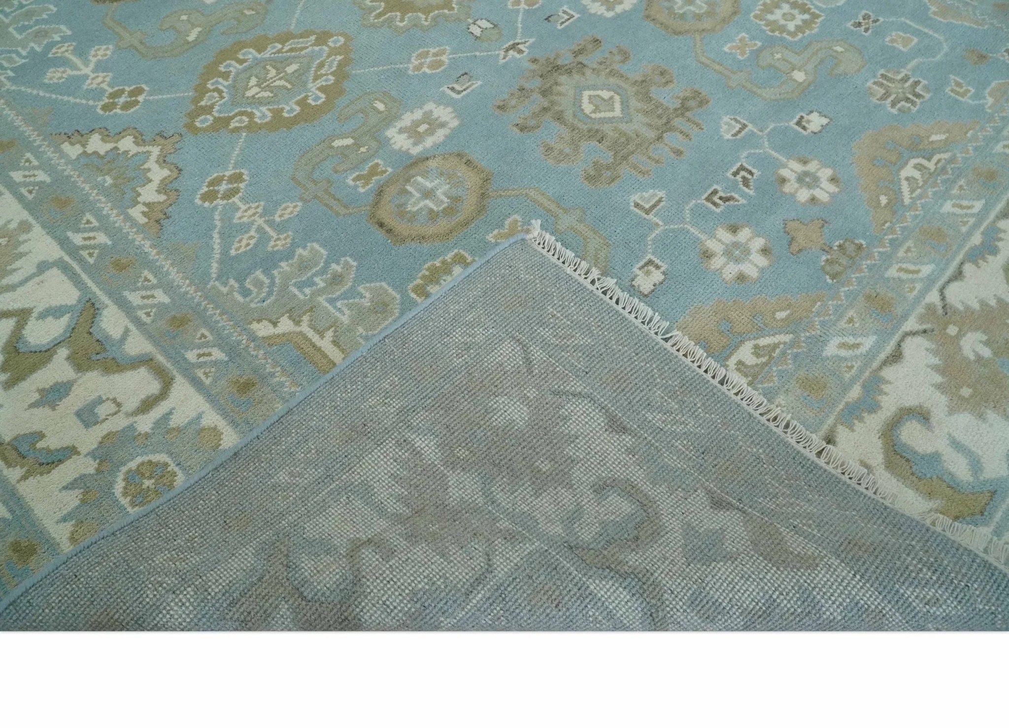 8x10 Aqua, Ivory and Olive Traditional Oushak Hand Knotted Wool Area Rug - Image 7