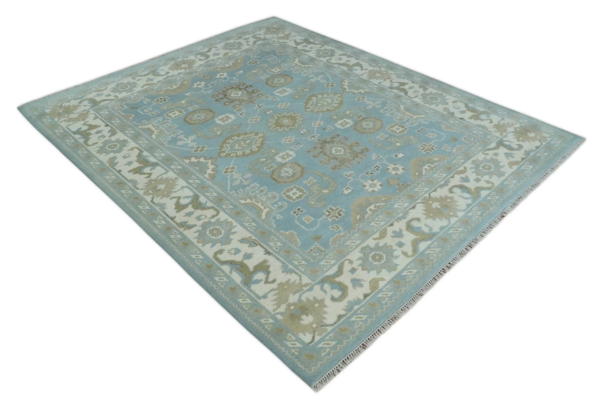 8x10 Aqua, Ivory and Olive Traditional Oushak Hand Knotted Wool Area Rug - Image 9