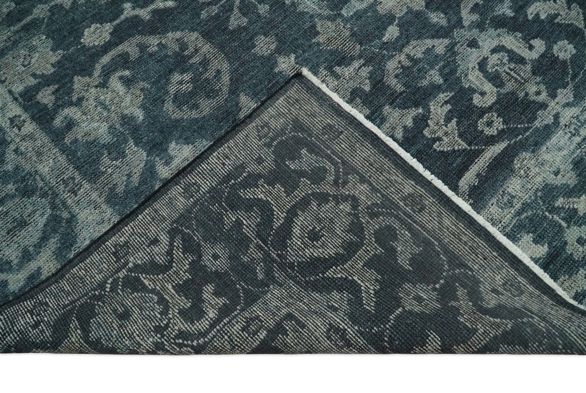 Antique Floral Distressed finished Hand Knotted Serapi Dark Teal and Beige Custom Made wool Area Rug - Image 10