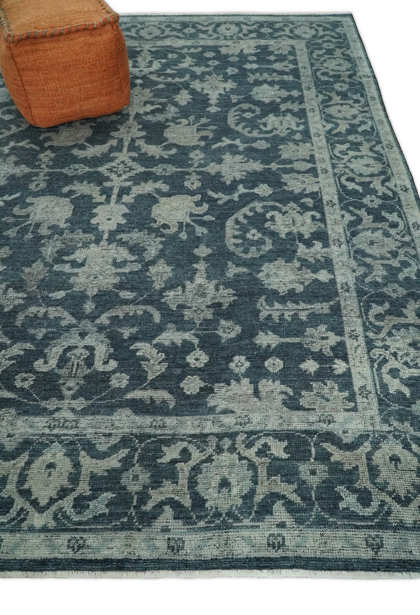 Antique Floral Distressed finished Hand Knotted Serapi Dark Teal and Beige Custom Made wool Area Rug - Image 3