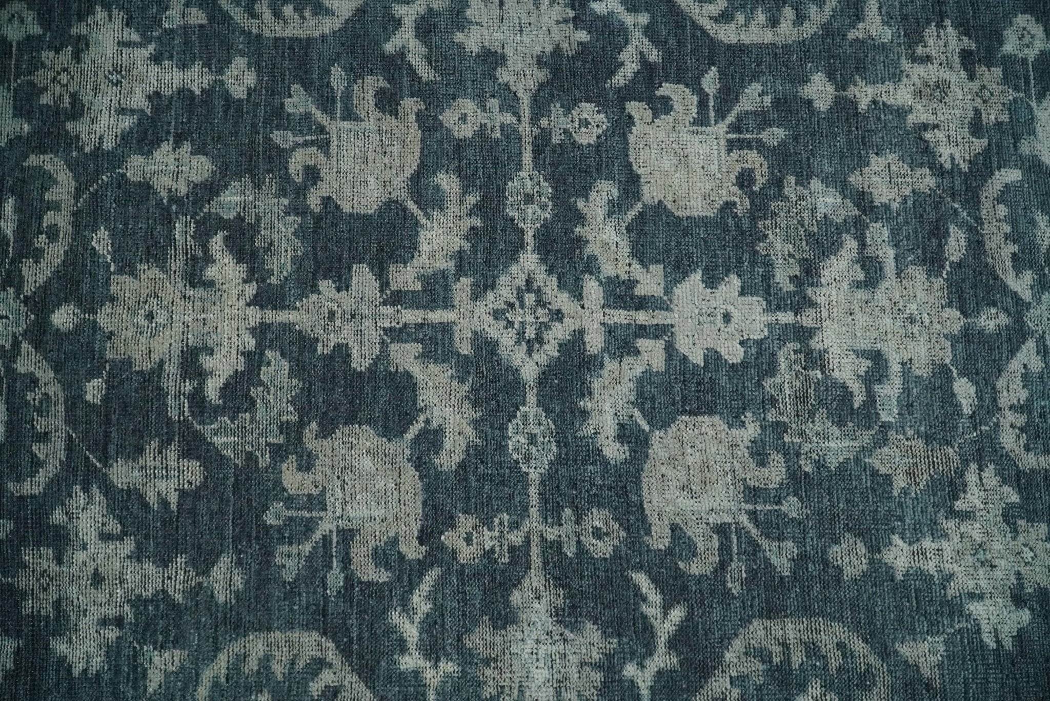 Antique Floral Distressed finished Hand Knotted Serapi Dark Teal and Beige Custom Made wool Area Rug - Image 6