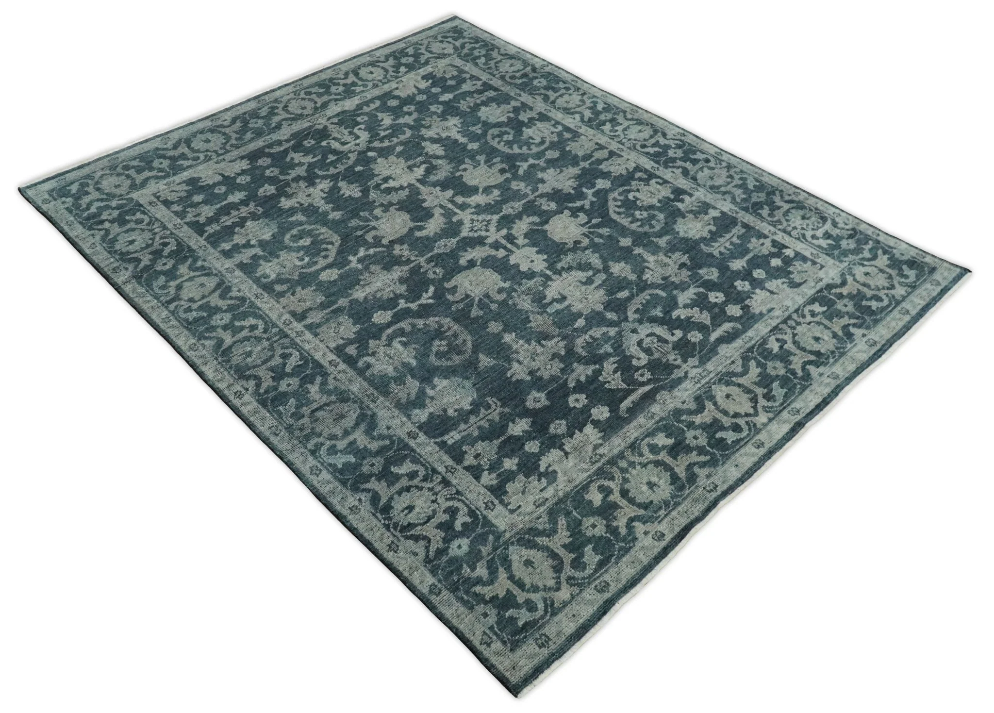 Antique Floral Distressed finished Hand Knotted Serapi Dark Teal and Beige Custom Made wool Area Rug - Image 9