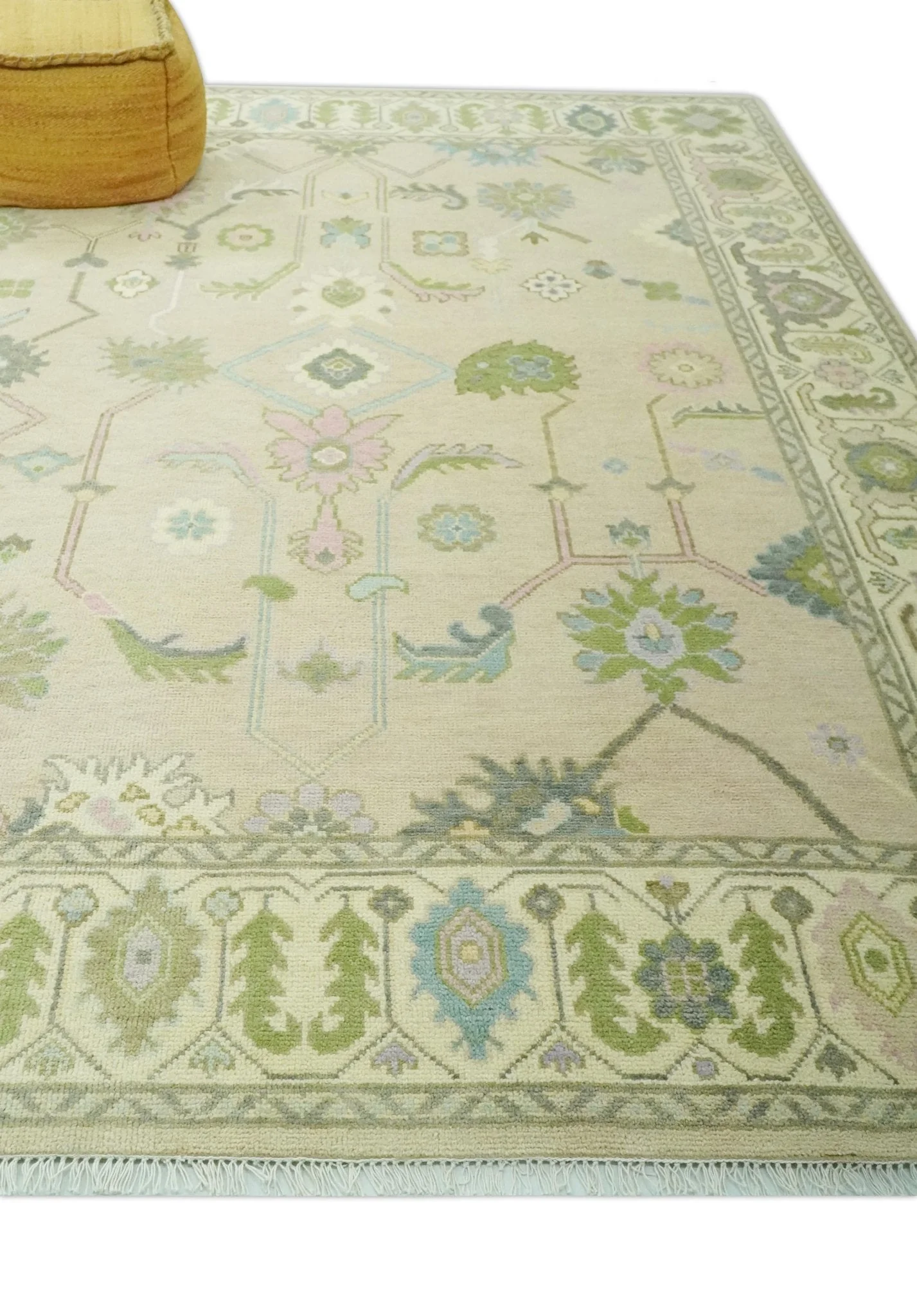 8x10 Beige and Green Hand Knotted Traditional Oriental Oushak wool area rug - Image 3