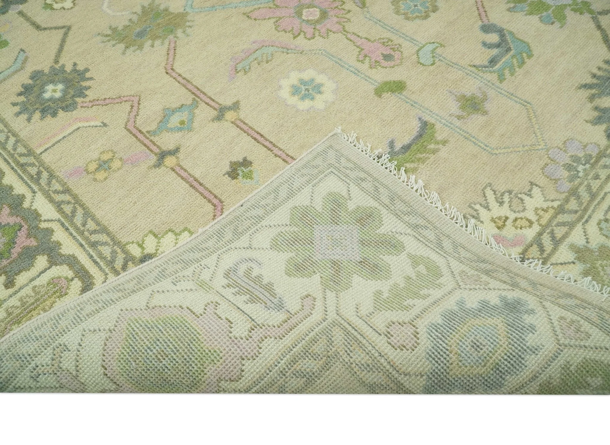 8x10 Beige and Green Hand Knotted Traditional Oriental Oushak wool area rug - Image 7