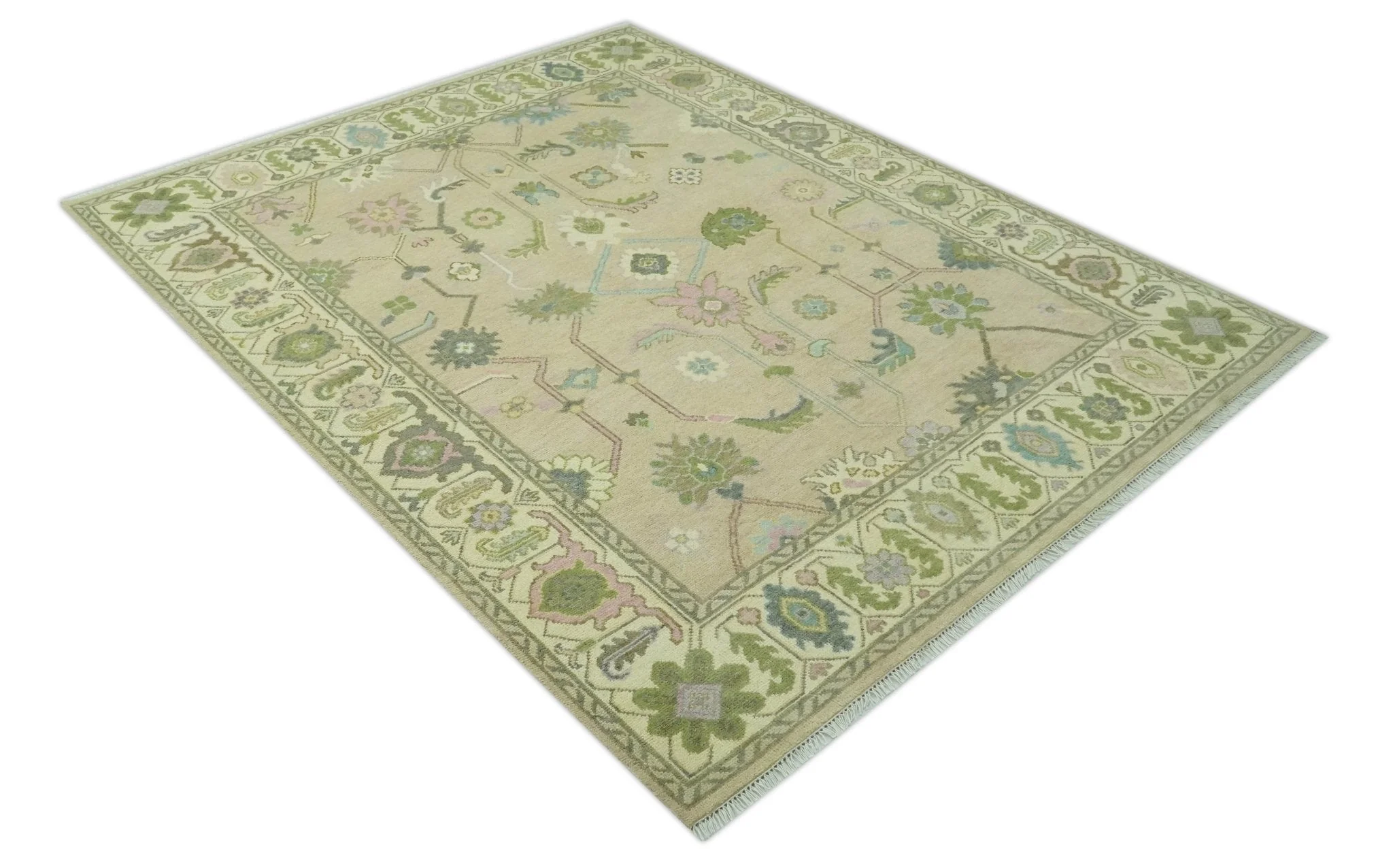8x10 Beige and Green Hand Knotted Traditional Oriental Oushak wool area rug - Image 9