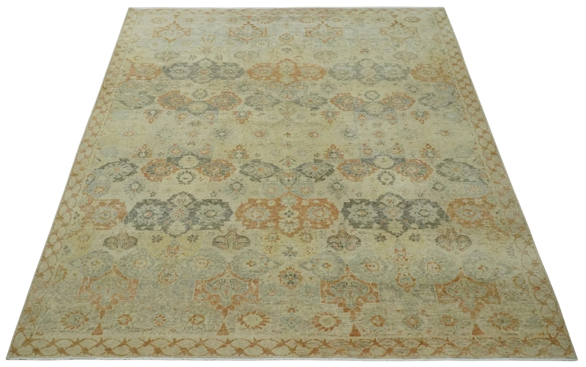 Beige and Rust 8x10 Textured Low Pile Hand Knotted Traditional Wool Area Rug - Image 10