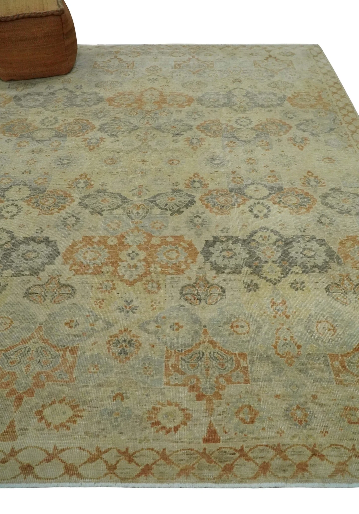 Beige and Rust 8x10 Textured Low Pile Hand Knotted Traditional Wool Area Rug - Image 3