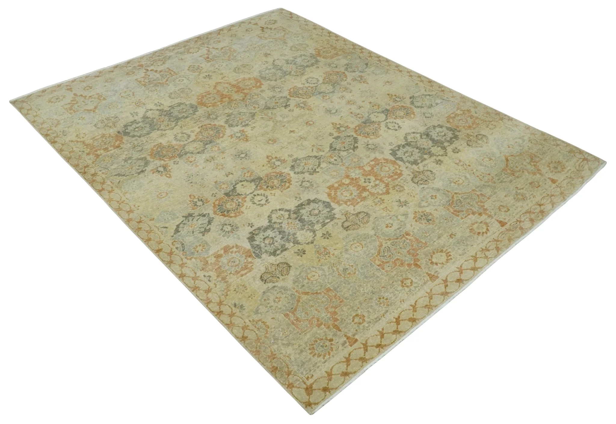 Beige and Rust 8x10 Textured Low Pile Hand Knotted Traditional Wool Area Rug - Image 9